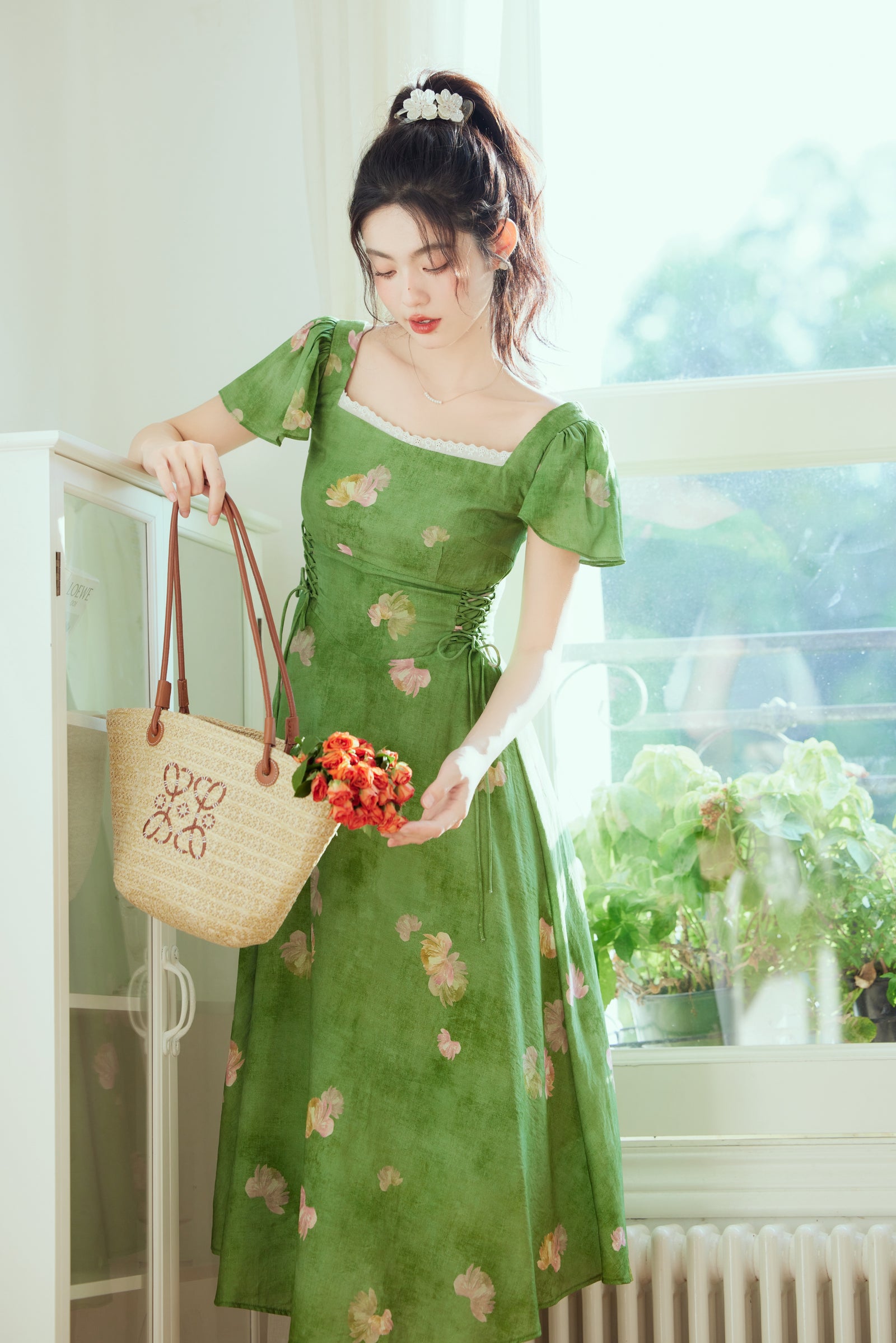 Enchanting Green Floral Print Ruffle Sleeve Midi Dress - Masion Chérie