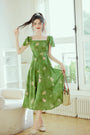 Enchanting Green Floral Print Ruffle Sleeve Midi Dress - Masion Chérie