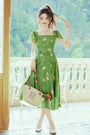 Enchanting Green Floral Print Ruffle Sleeve Midi Dress - Masion Chérie