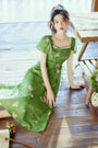 Enchanting Green Floral Print Ruffle Sleeve Midi Dress - Masion Chérie