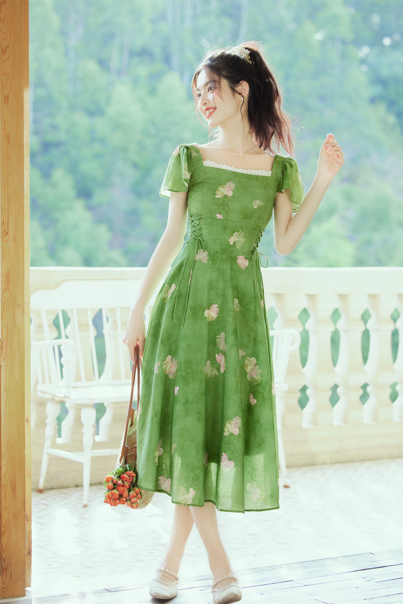 Enchanting Green Floral Print Ruffle Sleeve Midi Dress - Masion Chérie