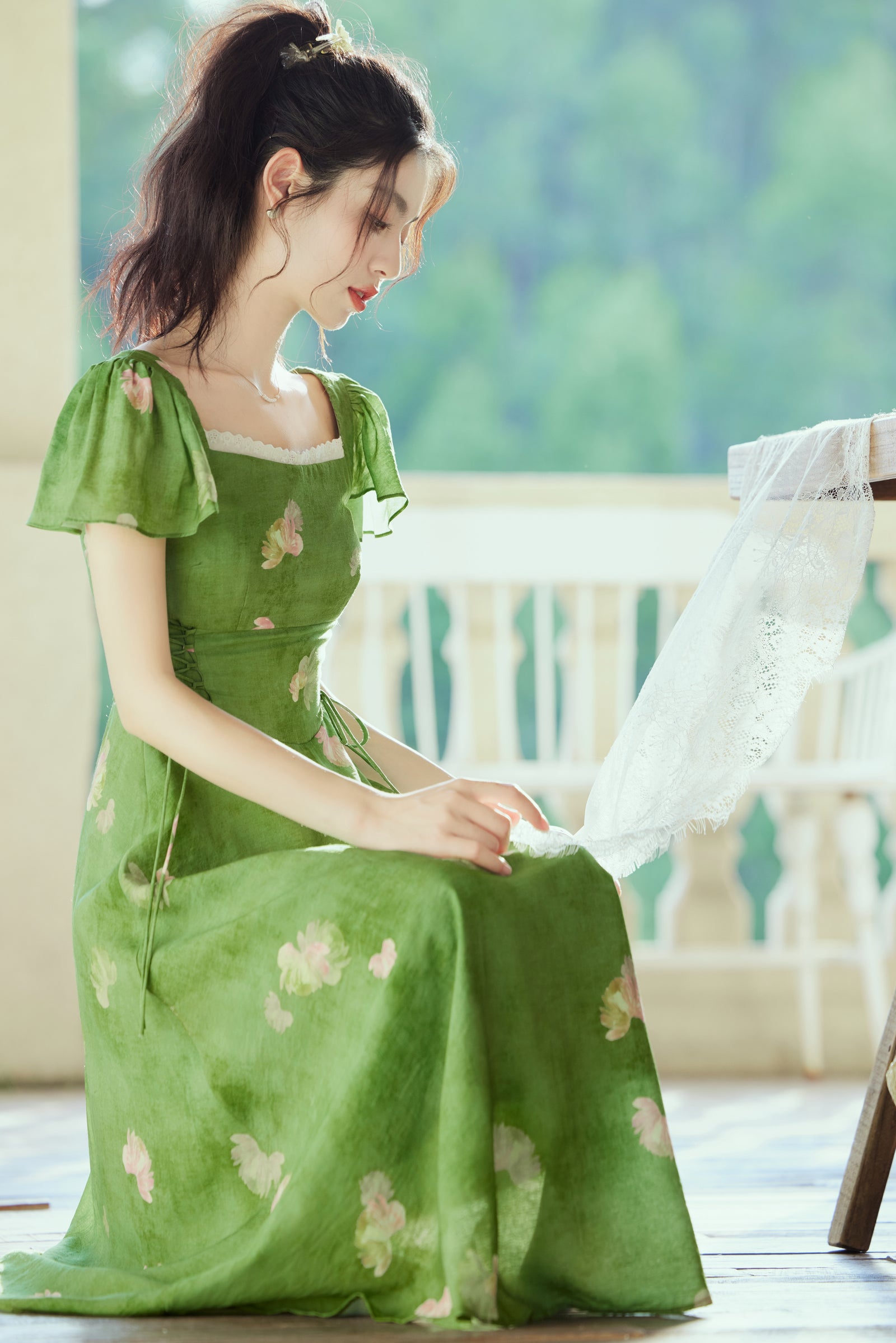 Enchanting Green Floral Print Ruffle Sleeve Midi Dress - Masion Chérie