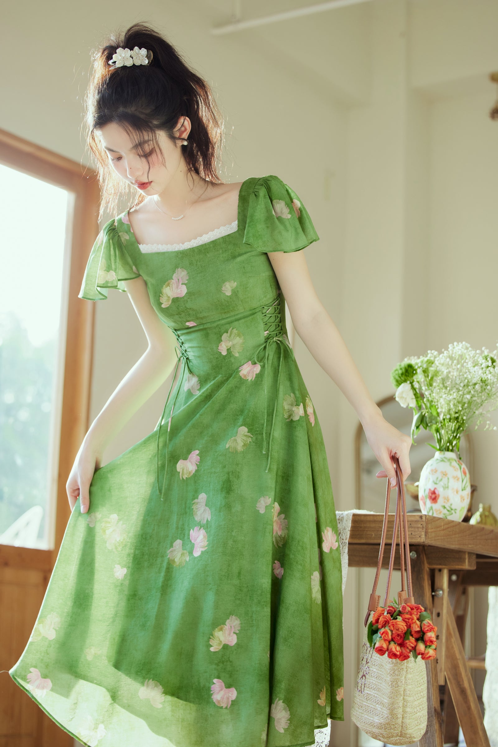 Enchanting Green Floral Print Ruffle Sleeve Midi Dress - Masion Chérie