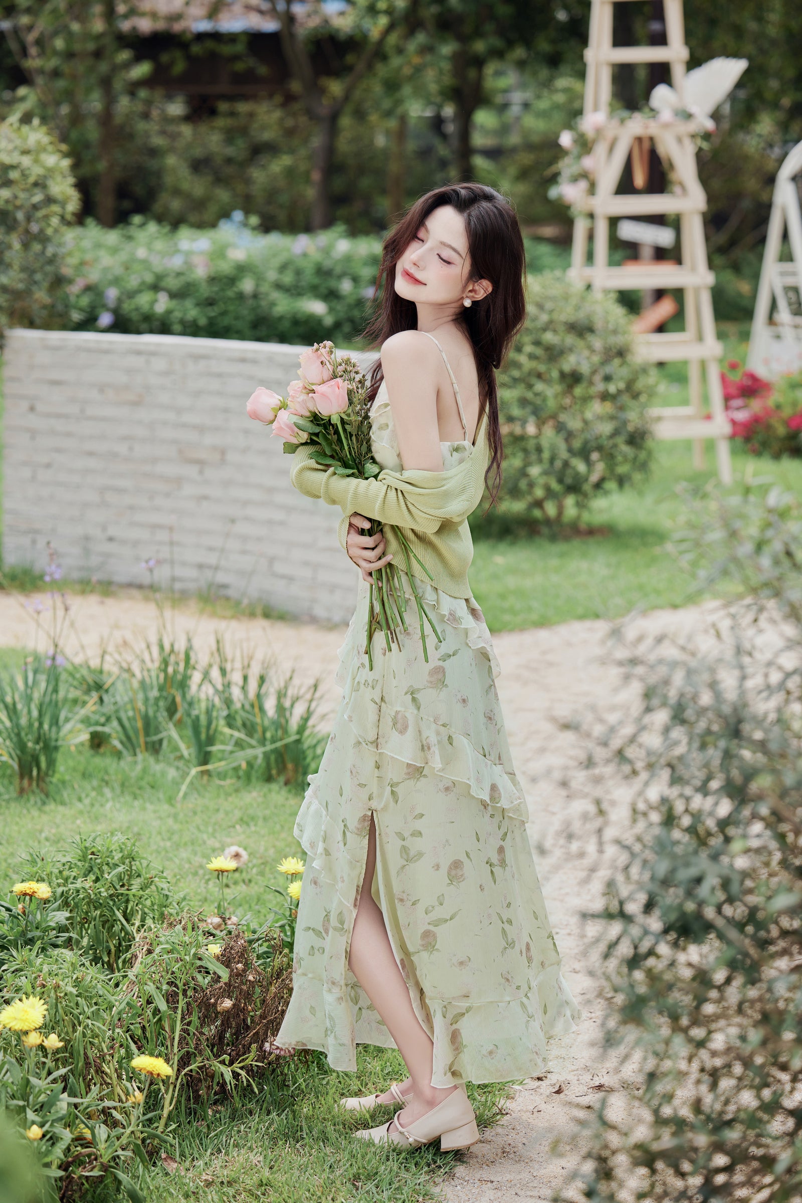 Mint Green Ruffled Floral Chiffon Maxi Dress - Masion Chérie