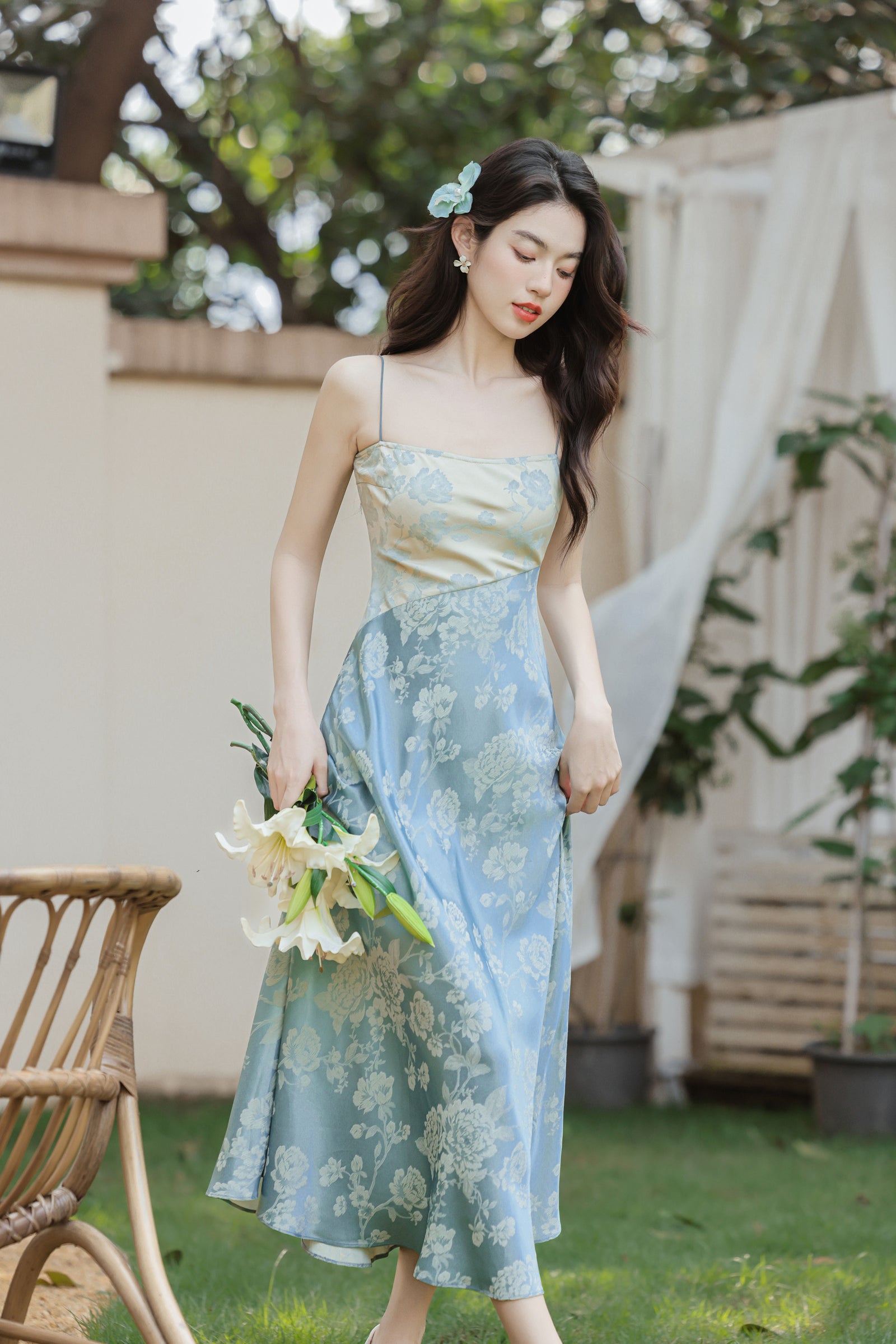 Pastel Blue Floral Satin Midi Dress