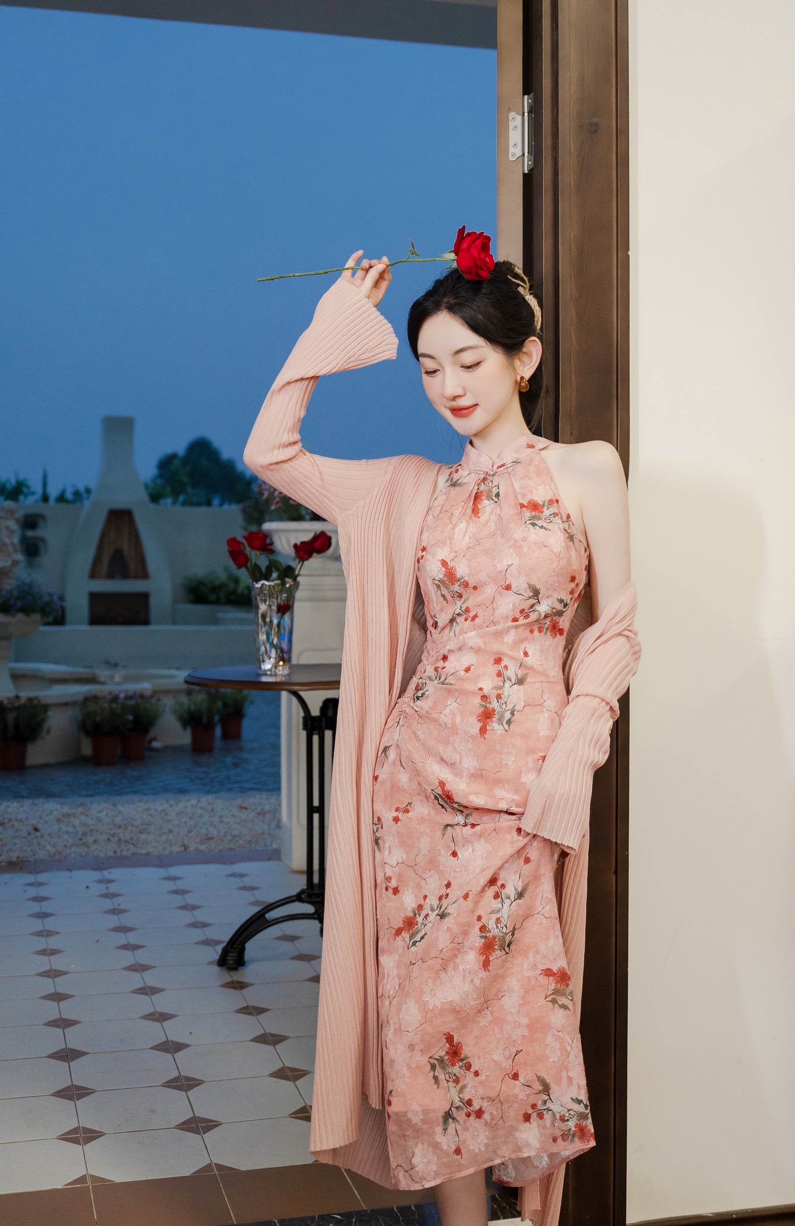 Graceful Floral Halter Neck Modified Cheongsam Dress - Masion Chérie