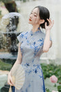 Elegant Blue Bamboo Print Modified Cheongsam Dress Set - Masion Chérie