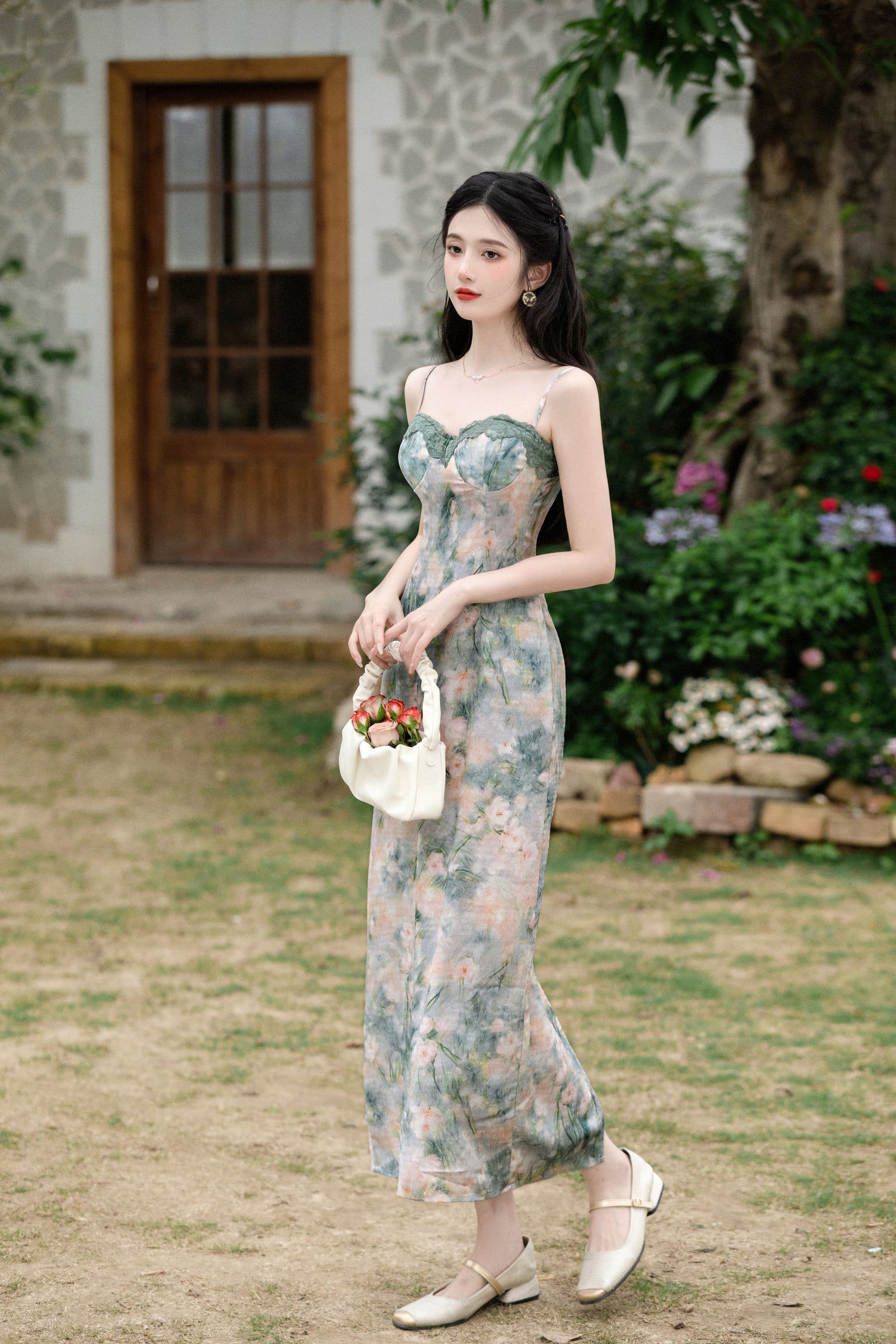 Elegant Floral Corset Midi Dress with Lace Cardigan - Masion Chérie