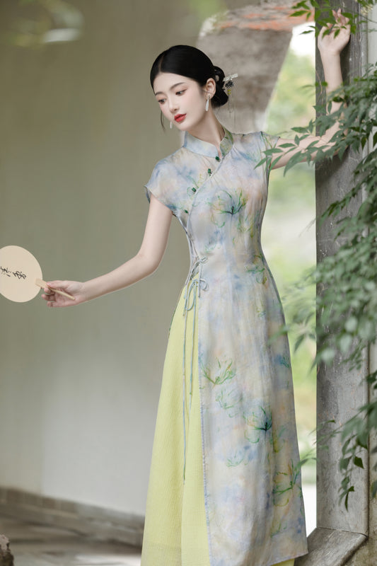 Watercolor Floral Embroidered Cheongsam Two-Piece Dress