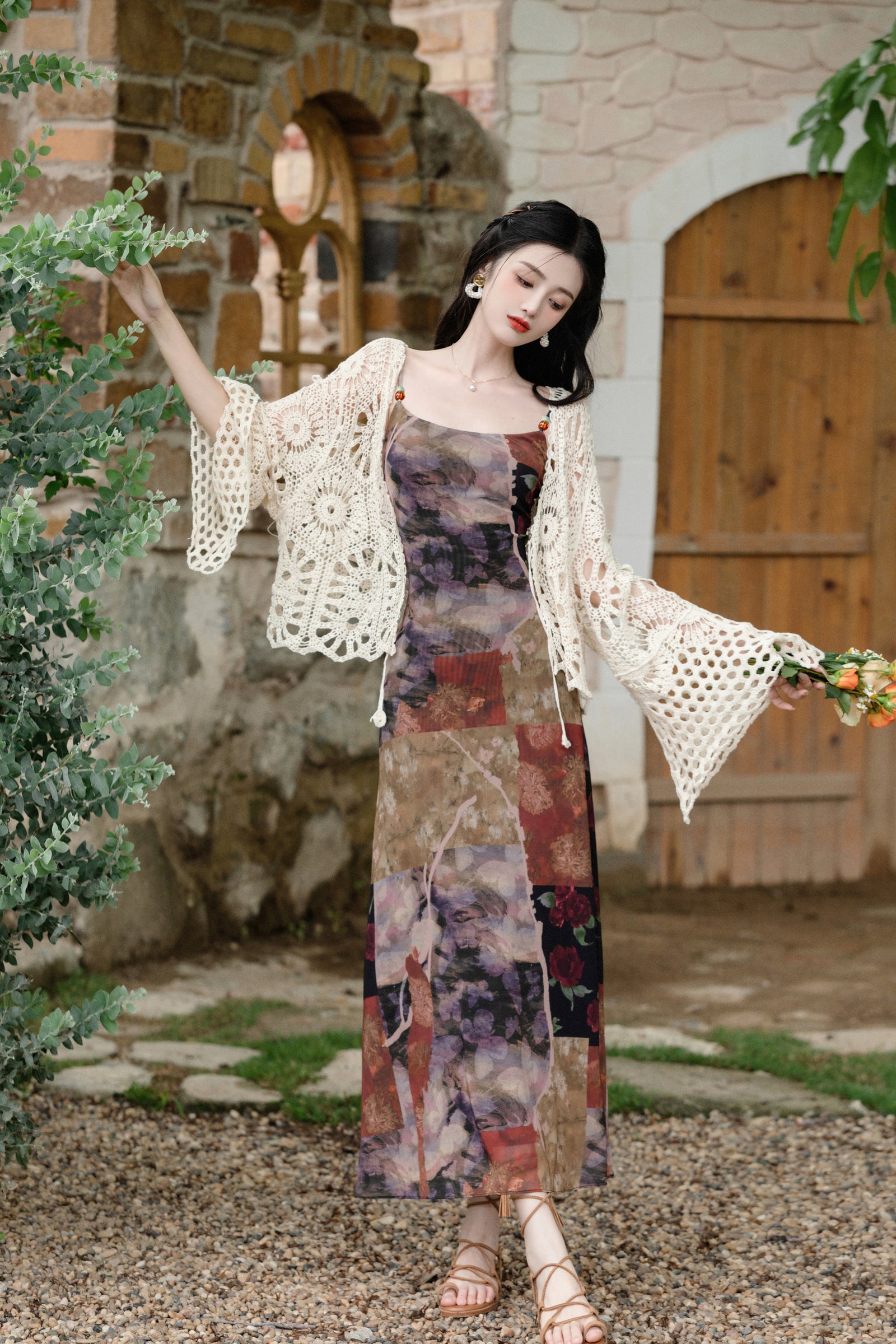 Vintage Patchwork Floral Spaghetti Strap Maxi Dress