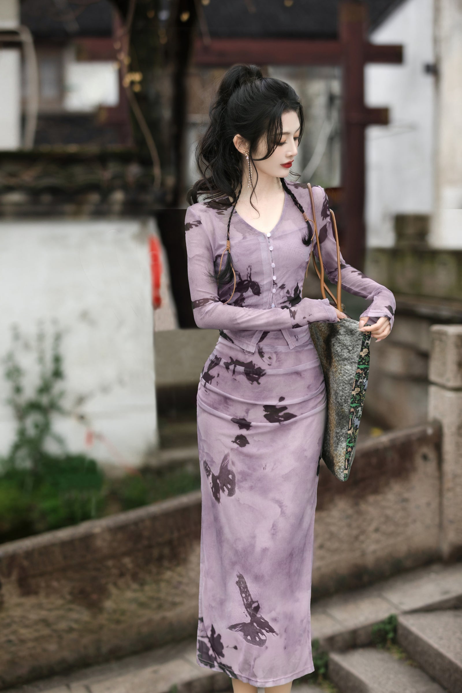 Lavender Butterfly Print Long Sleeve Maxi Dress - Masion Chérie