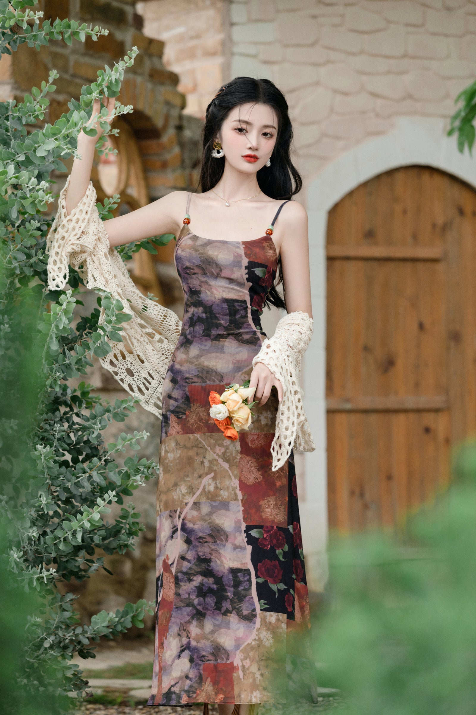 Vintage Patchwork Floral Spaghetti Strap Maxi Dress