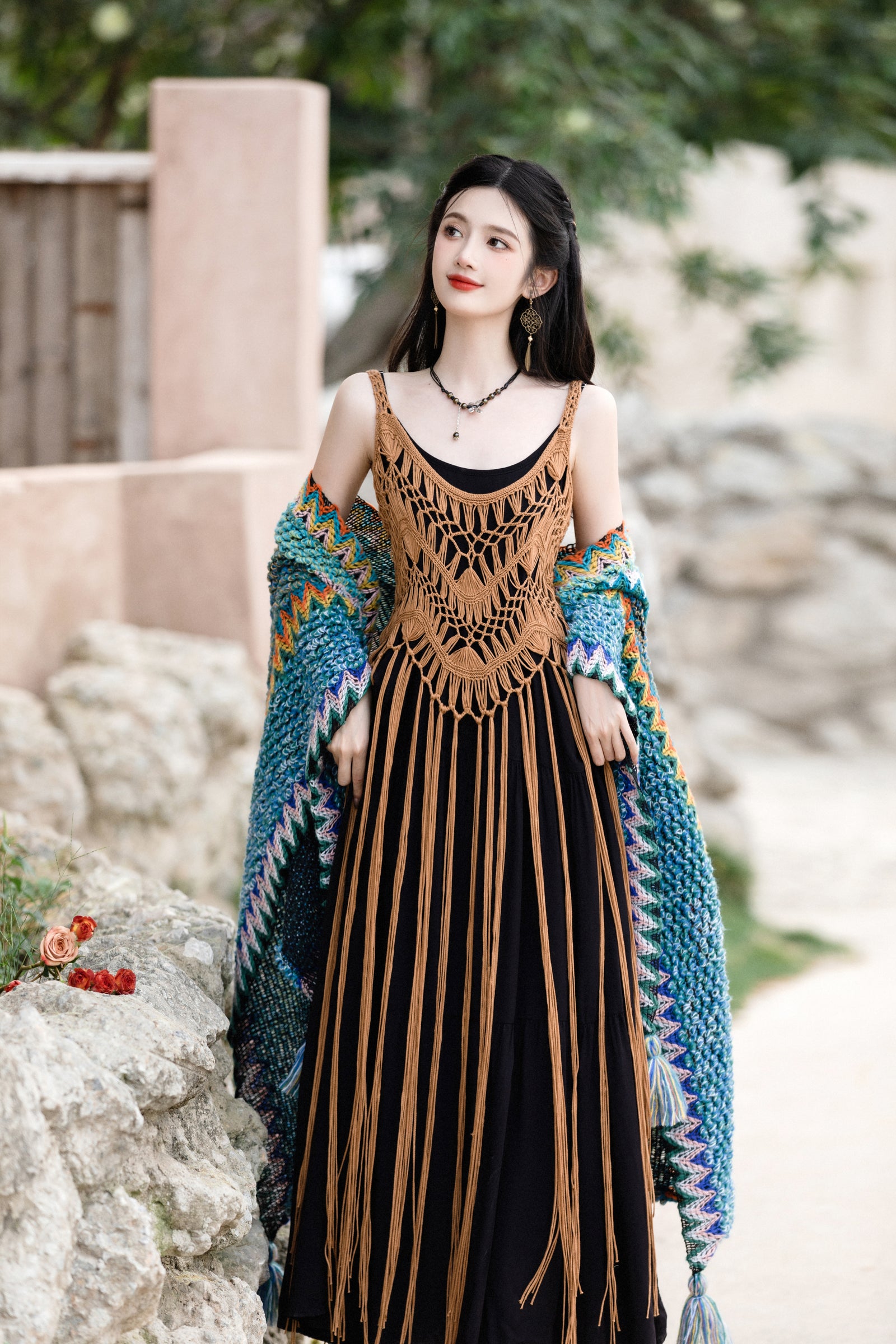 Crochet Strappy Dress with Shawl Set - Masion Chérie