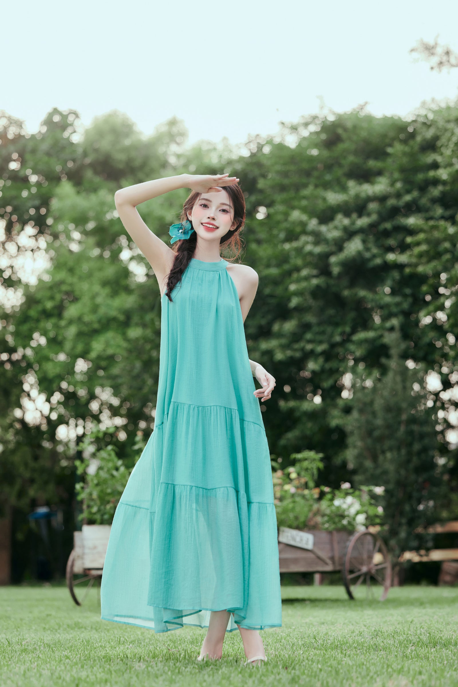 Mint Green Tencel Halter Sleeveless Maxi Dress Vacation Style - Masion Chérie