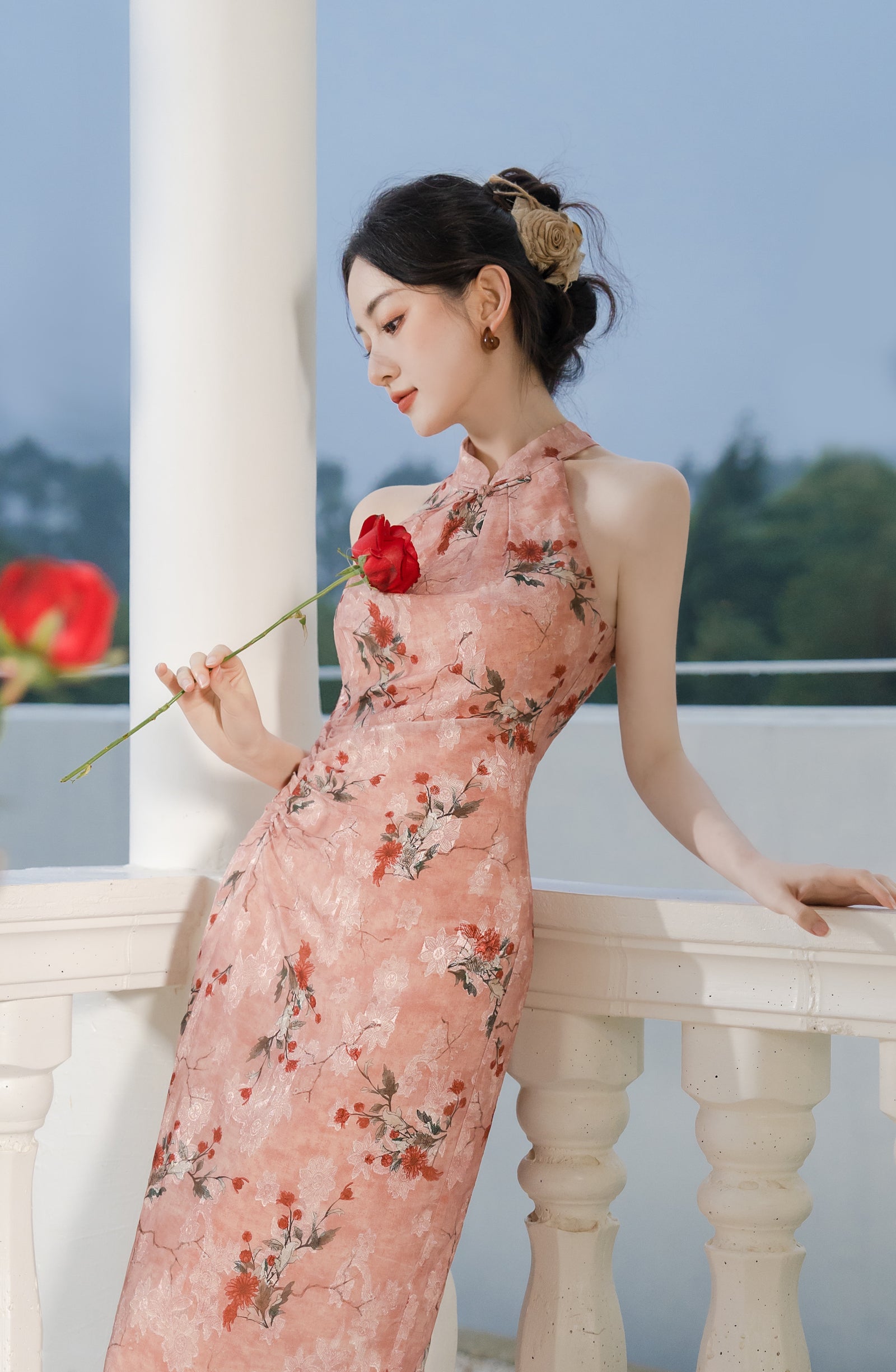 Graceful Floral Halter Neck Modified Cheongsam Dress - Masion Chérie