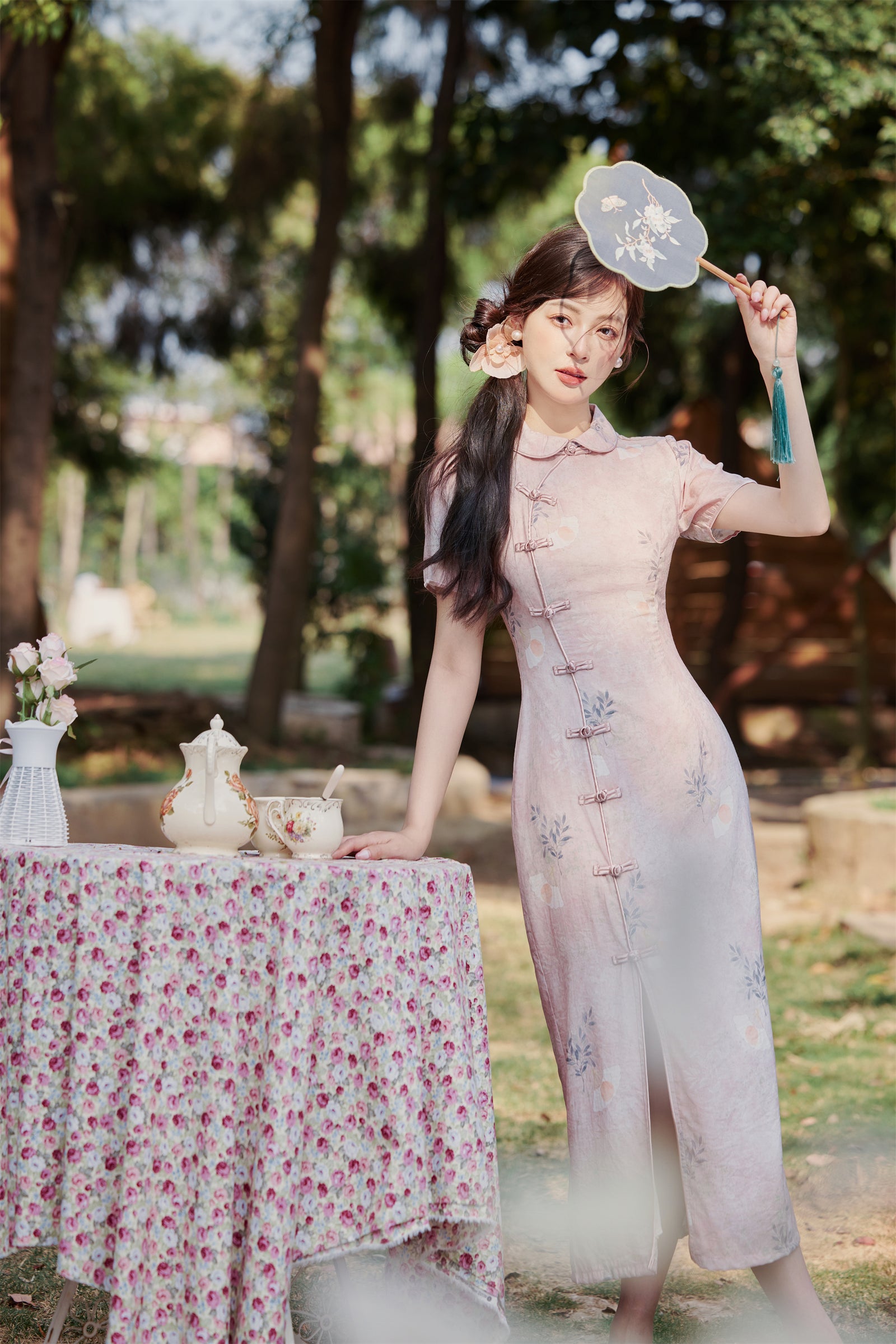 Pastel Pink Floral Modified Cheongsam Dress - Masion Chérie 