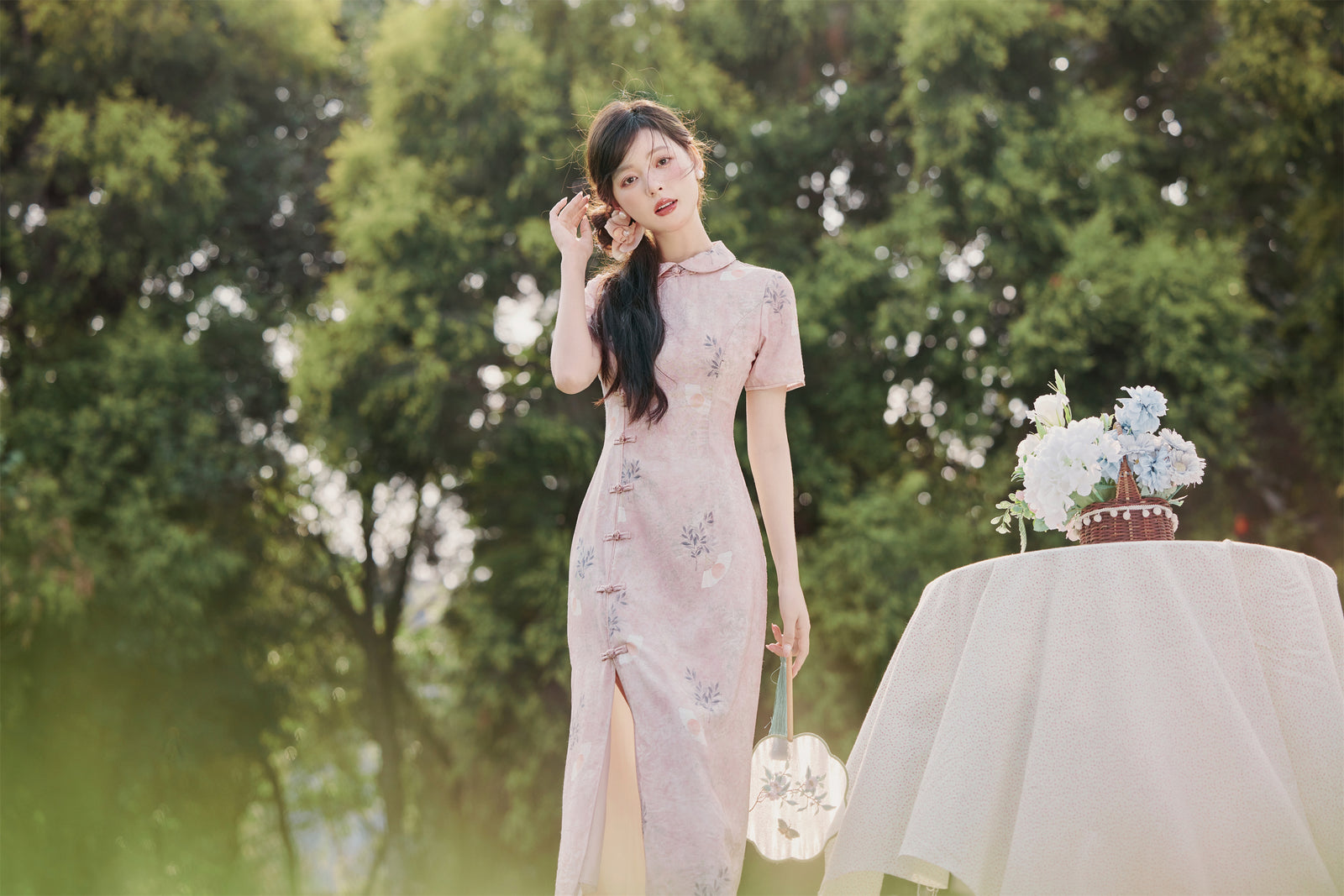 Pastel Pink Floral Modified Cheongsam Dress - Masion Chérie 