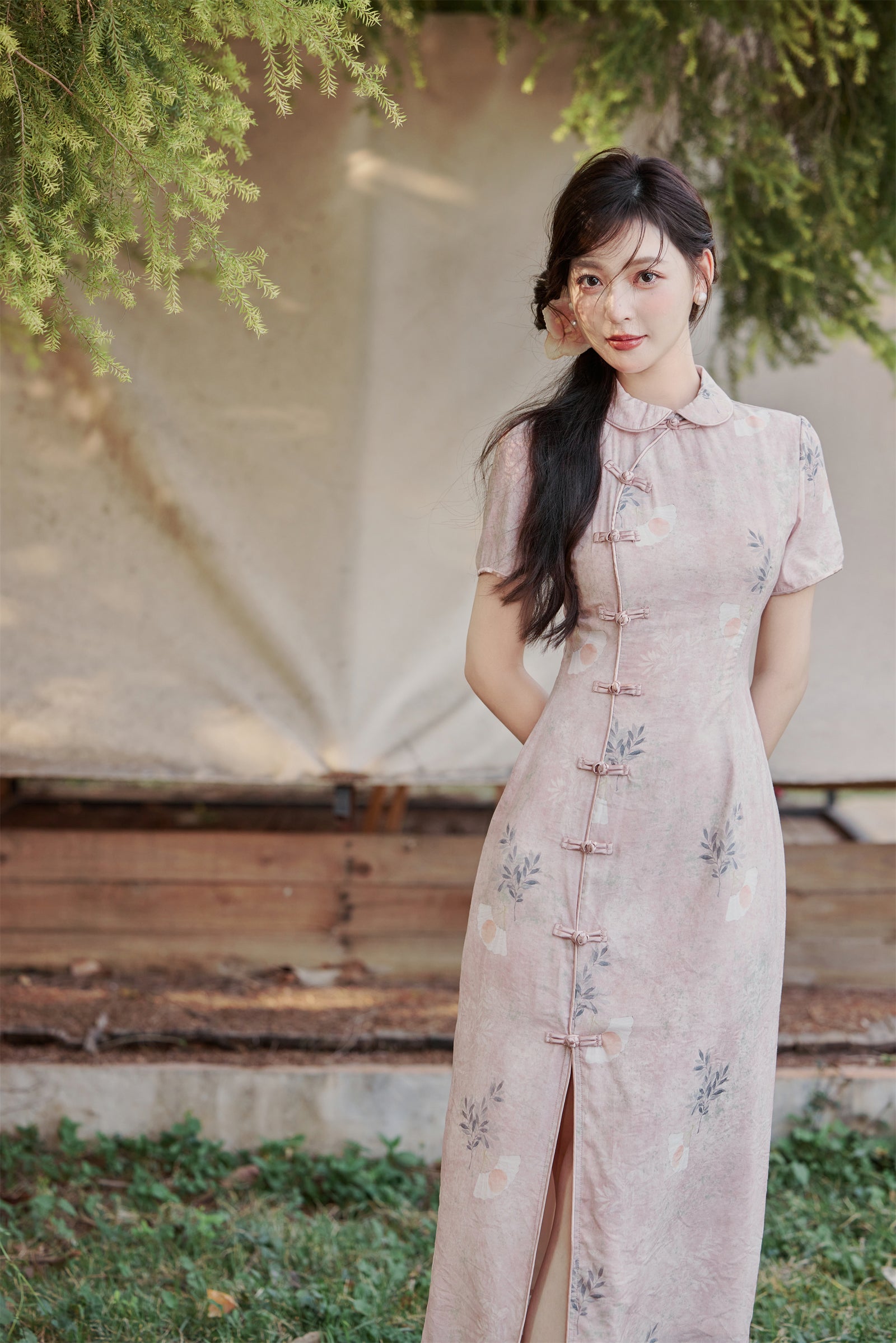 Pastel Pink Floral Modified Cheongsam Dress - Masion Chérie 