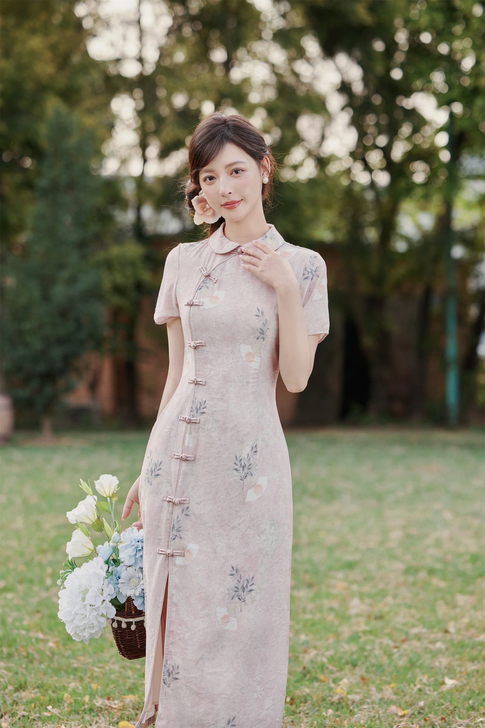 Pastel Pink Floral Modified Cheongsam Dress - Masion Chérie 