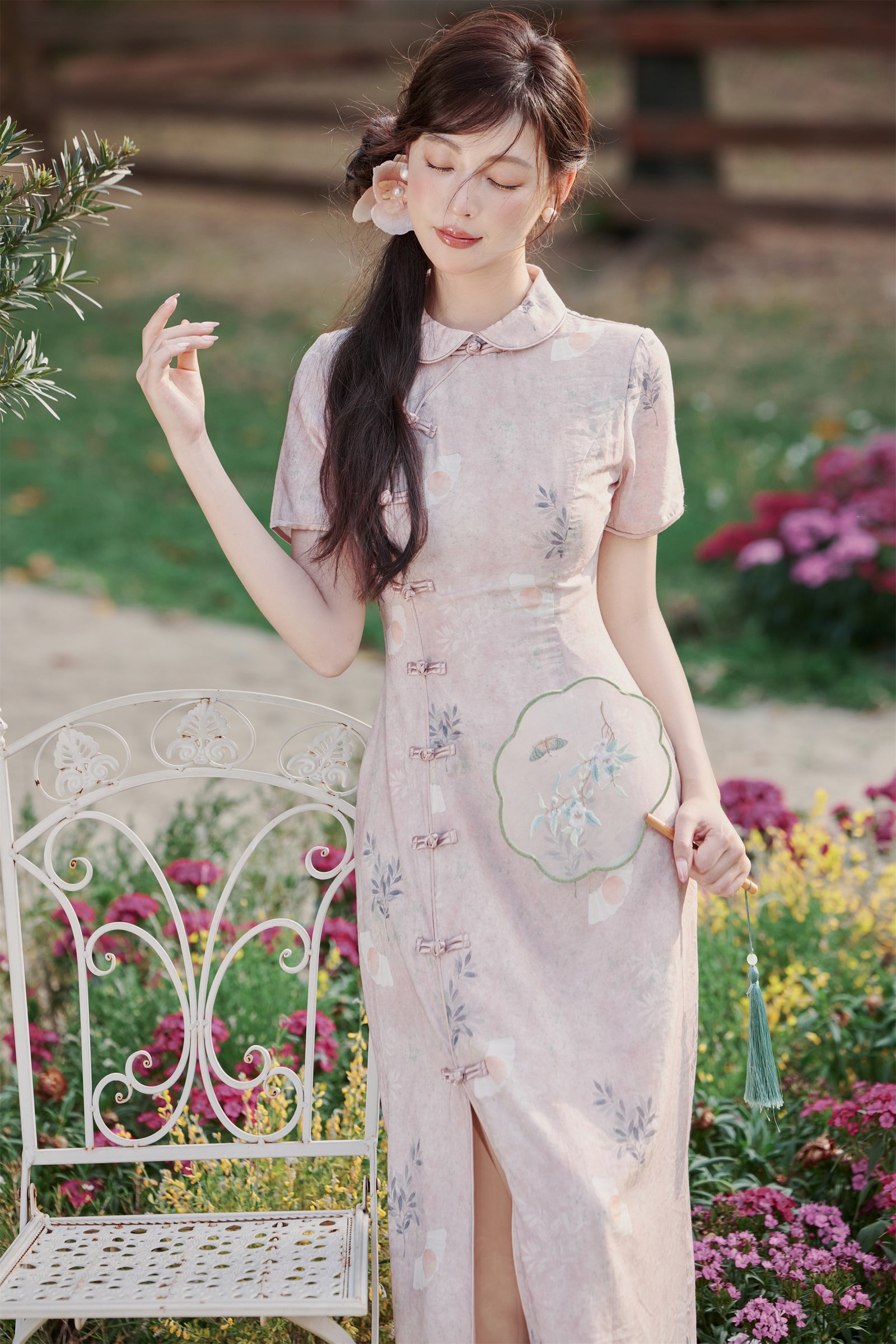 Pastel Pink Floral Modified Cheongsam Dress - Masion Chérie 