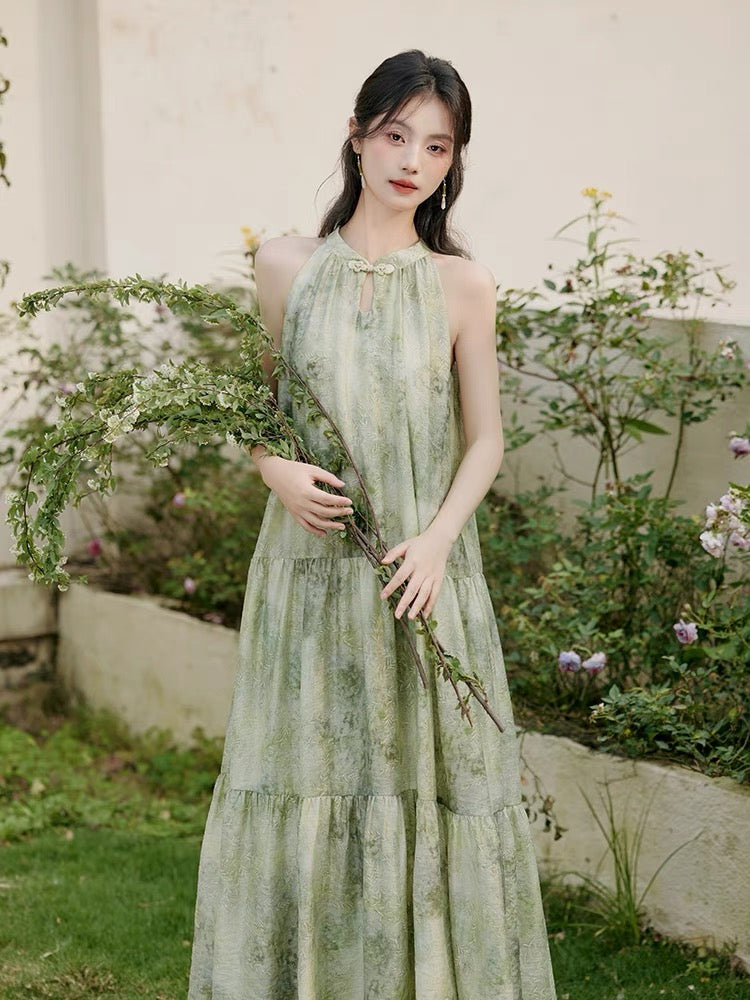 Enchanting Green Floral Halter Neck Tiered Maxi Dress - Masion Chérie