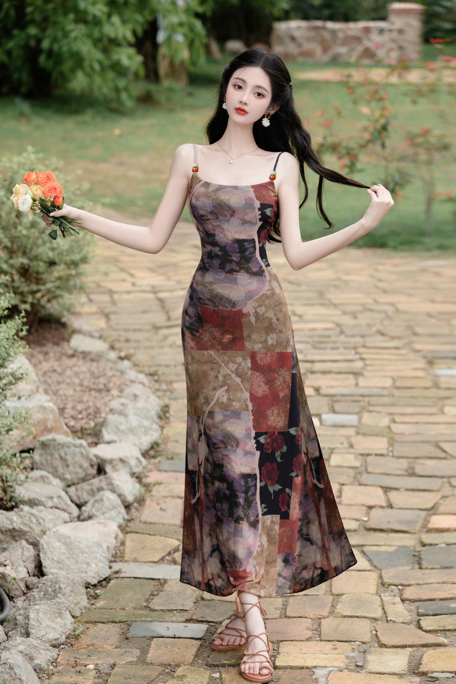 Vintage Patchwork Floral Spaghetti Strap Maxi Dress