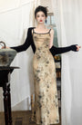 Vintage Floral Beige Sleeveless Maxi Dress with Black Cardigan