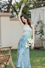 Pastel Blue Floral Satin Midi Dress