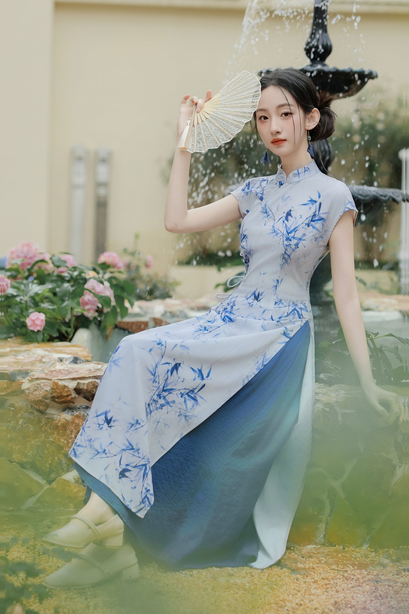 Elegant Blue Bamboo Print Modified Cheongsam Dress Set - Masion Chérie