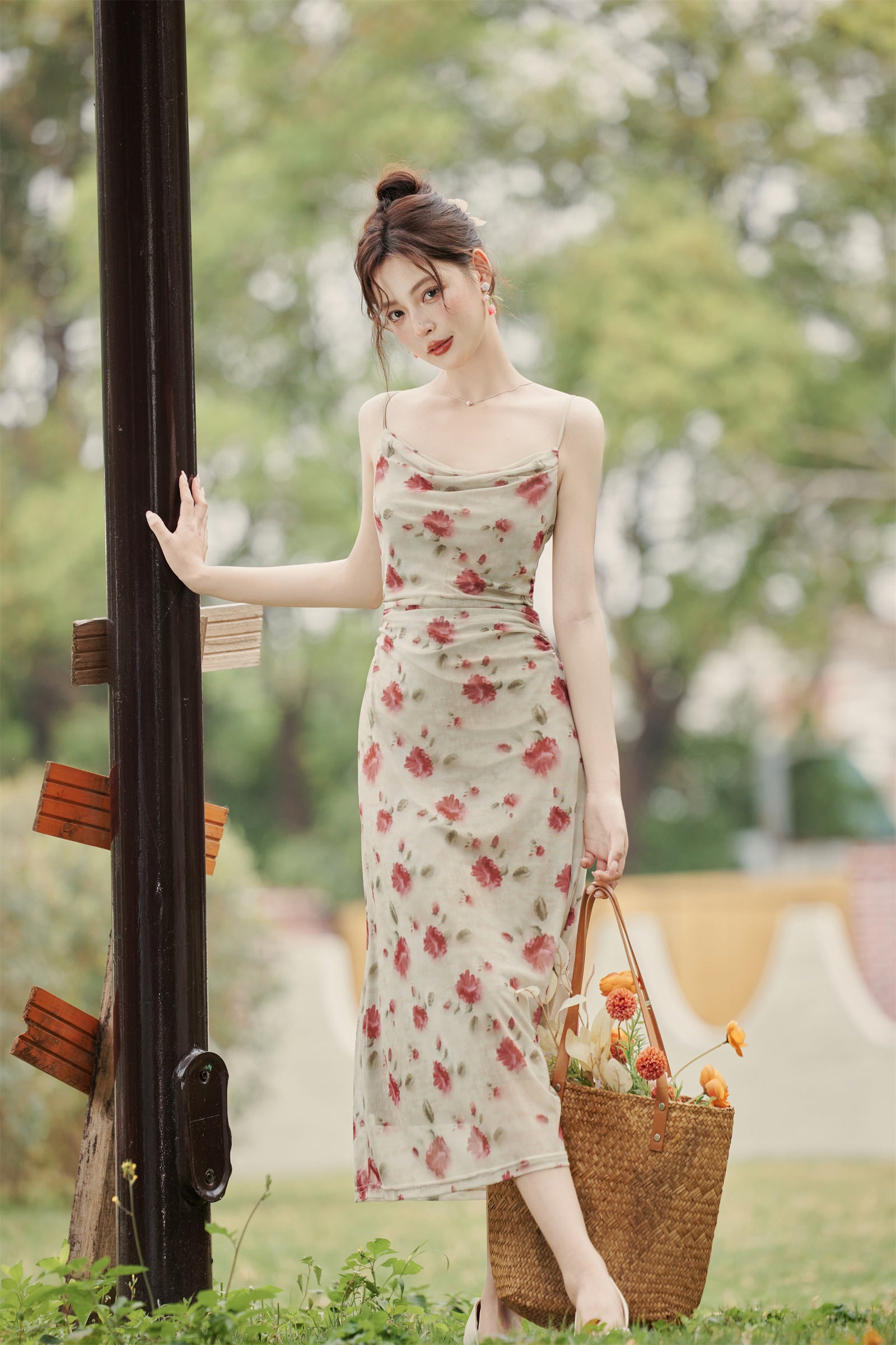 Romantic Floral Cowl Neck Spaghetti Strap Midi Dress