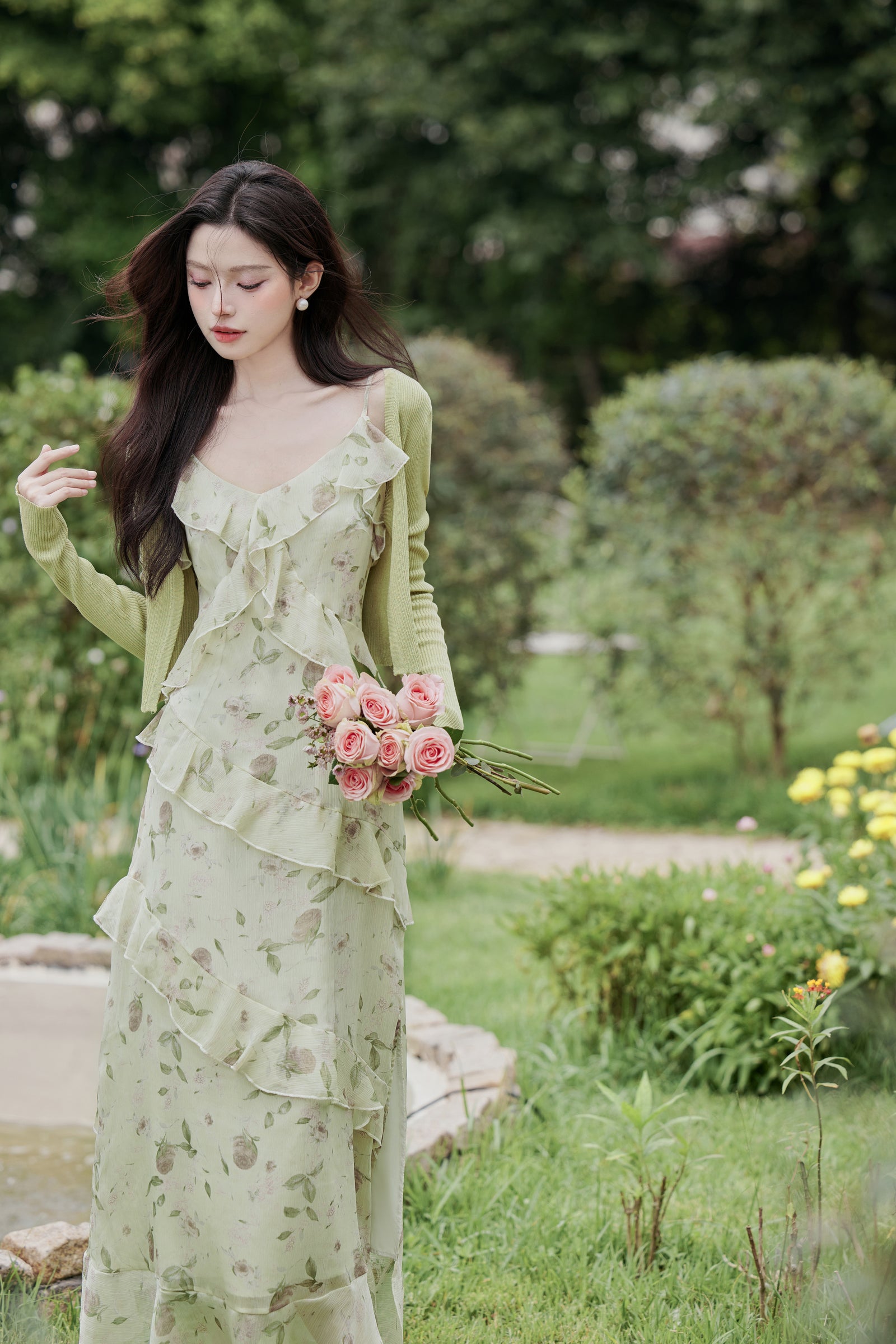 Mint Green Ruffled Floral Chiffon Maxi Dress - Masion Chérie