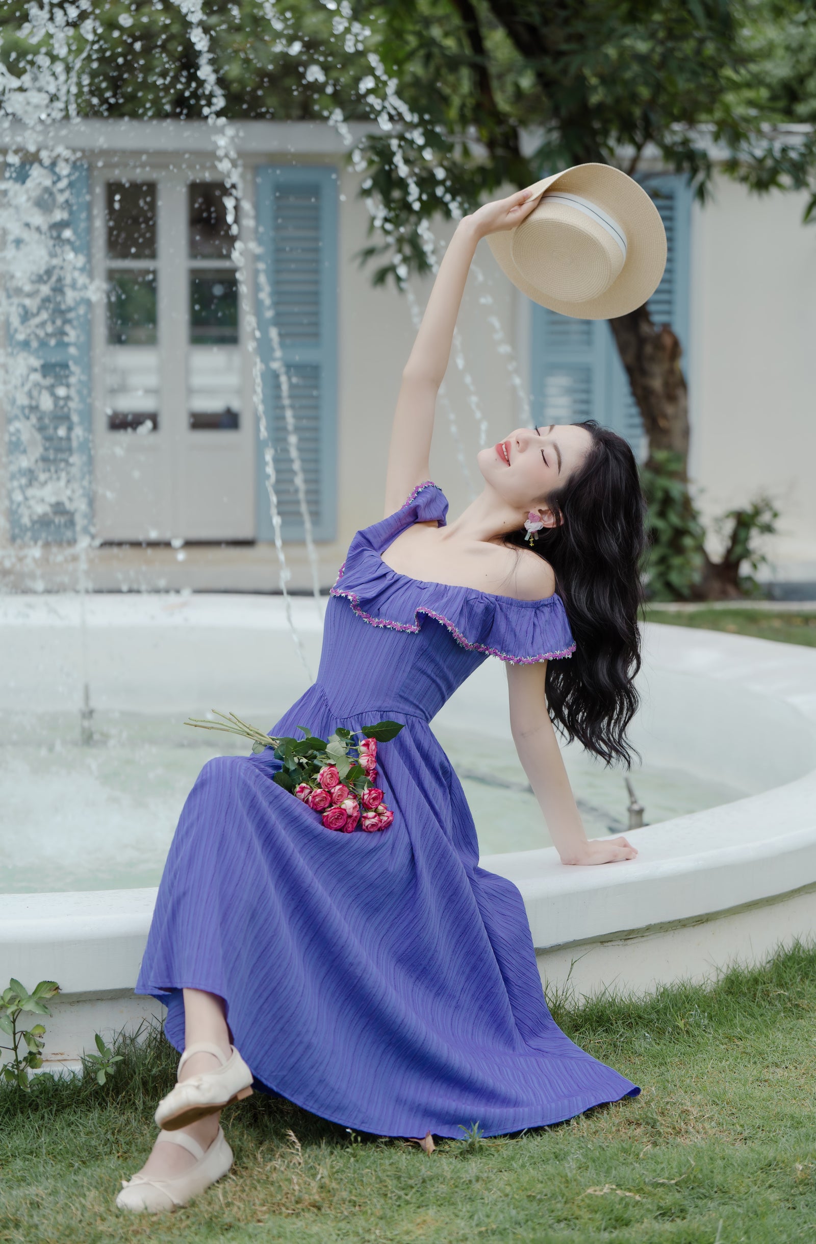 Vintage Blueberry Ruffled Off Shoulder Maxi Dress - Masion Chérie