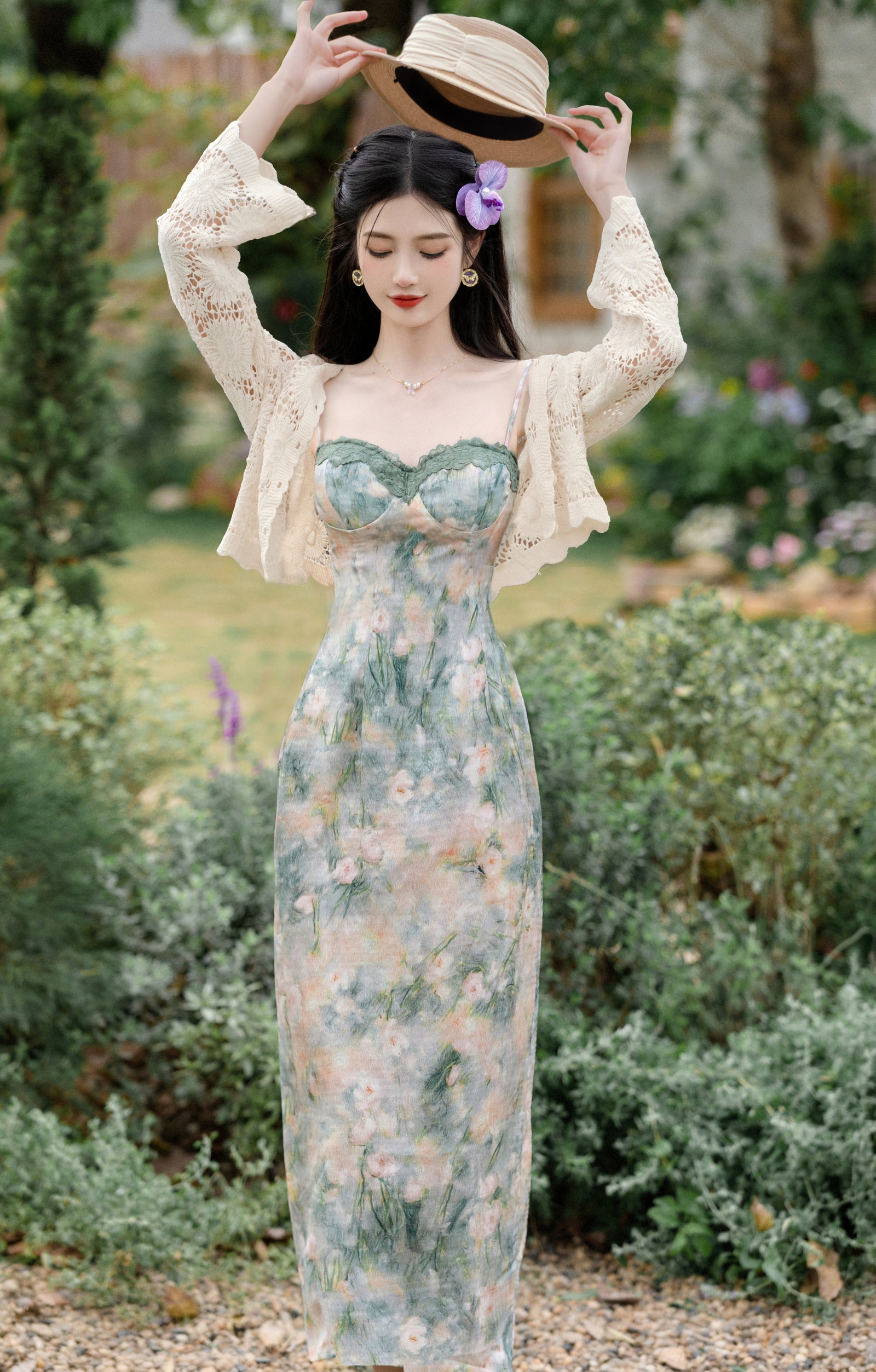 Elegant Floral Corset Midi Dress with Lace Cardigan - Masion Chérie