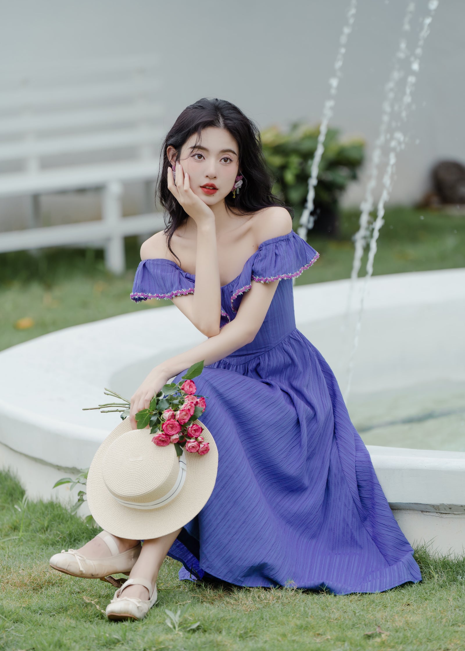 Vintage Blueberry Ruffled Off Shoulder Maxi Dress - Masion Chérie