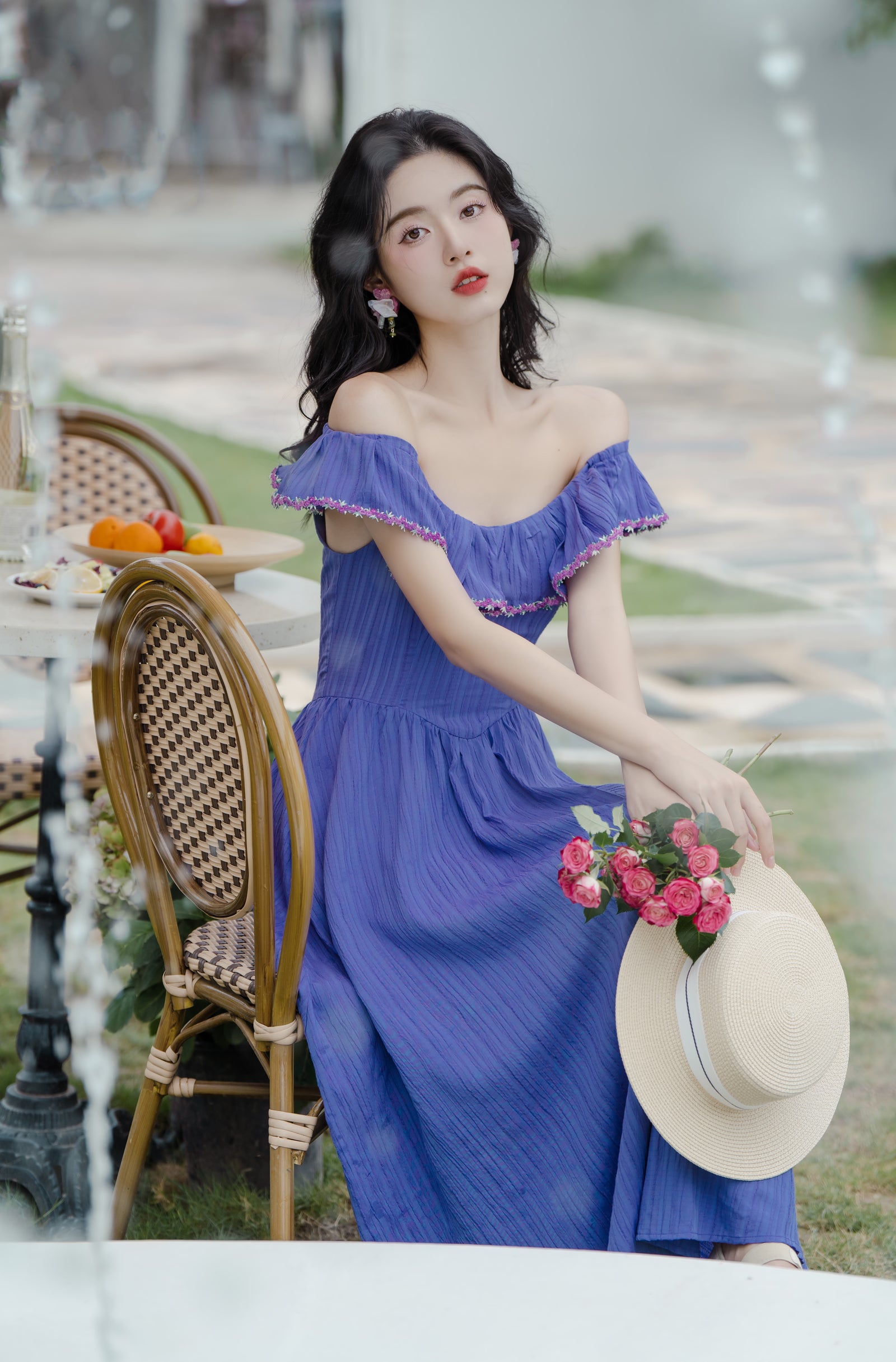 Vintage Blueberry Ruffled Off Shoulder Maxi Dress - Masion Chérie