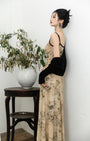 Vintage Floral Beige Sleeveless Maxi Dress with Black Cardigan