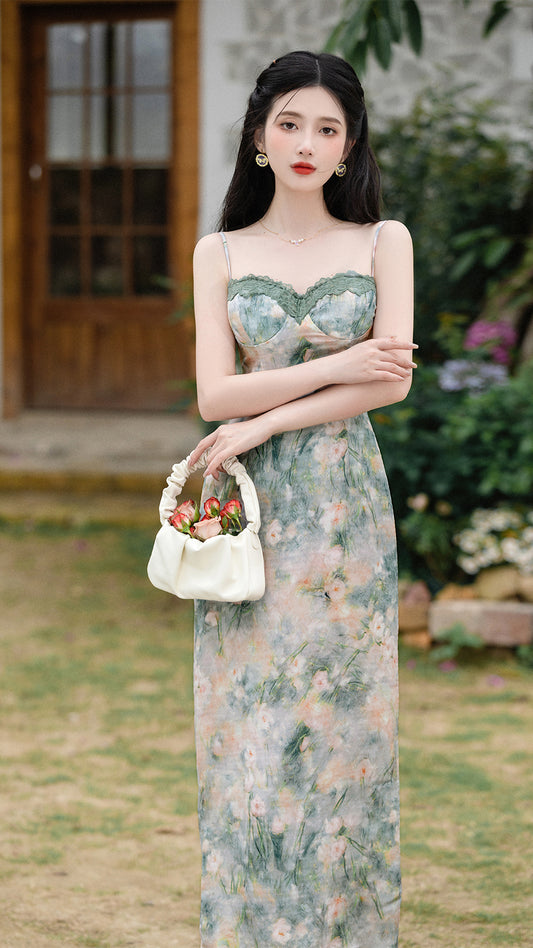 Elegant Floral Corset Midi Dress with Lace Cardigan - Masion Chérie