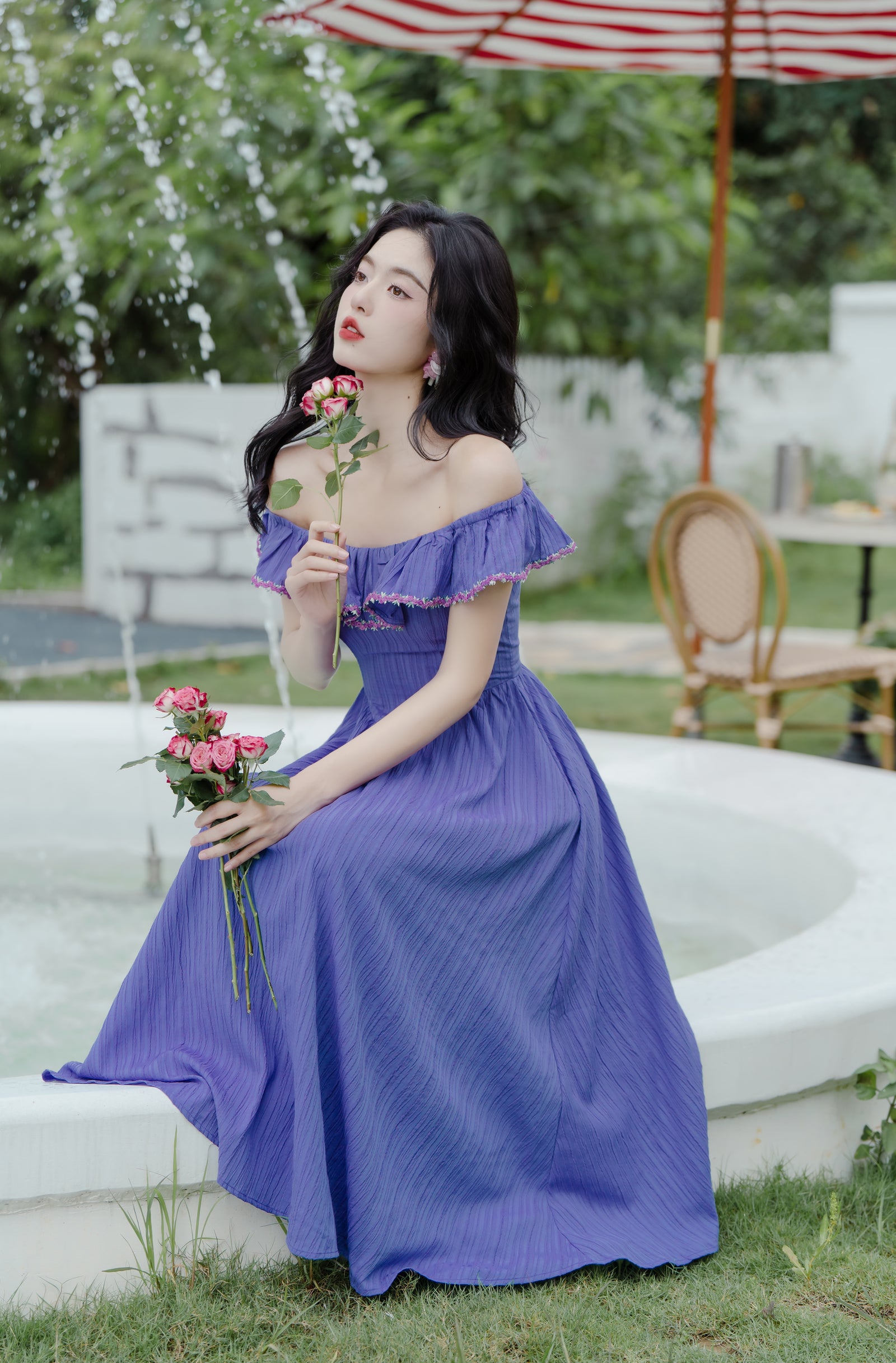 Vintage Blueberry Ruffled Off Shoulder Maxi Dress - Masion Chérie