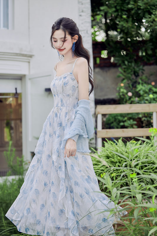 Blue Floral Chiffon Maxi Dress - Masion  Chérie