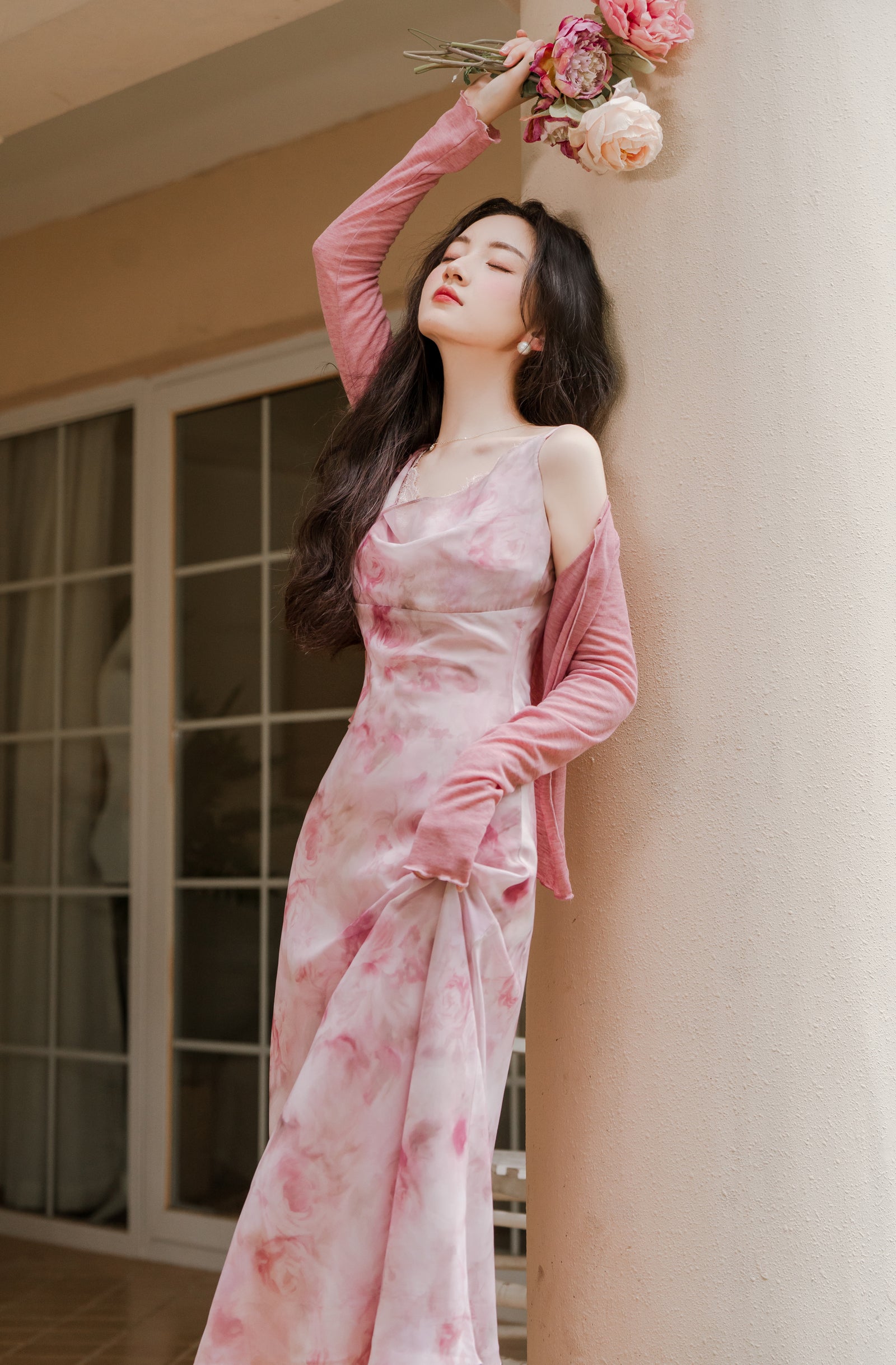 Elegant Pink Floral Mesh Maxi Dress - Masion Chérie