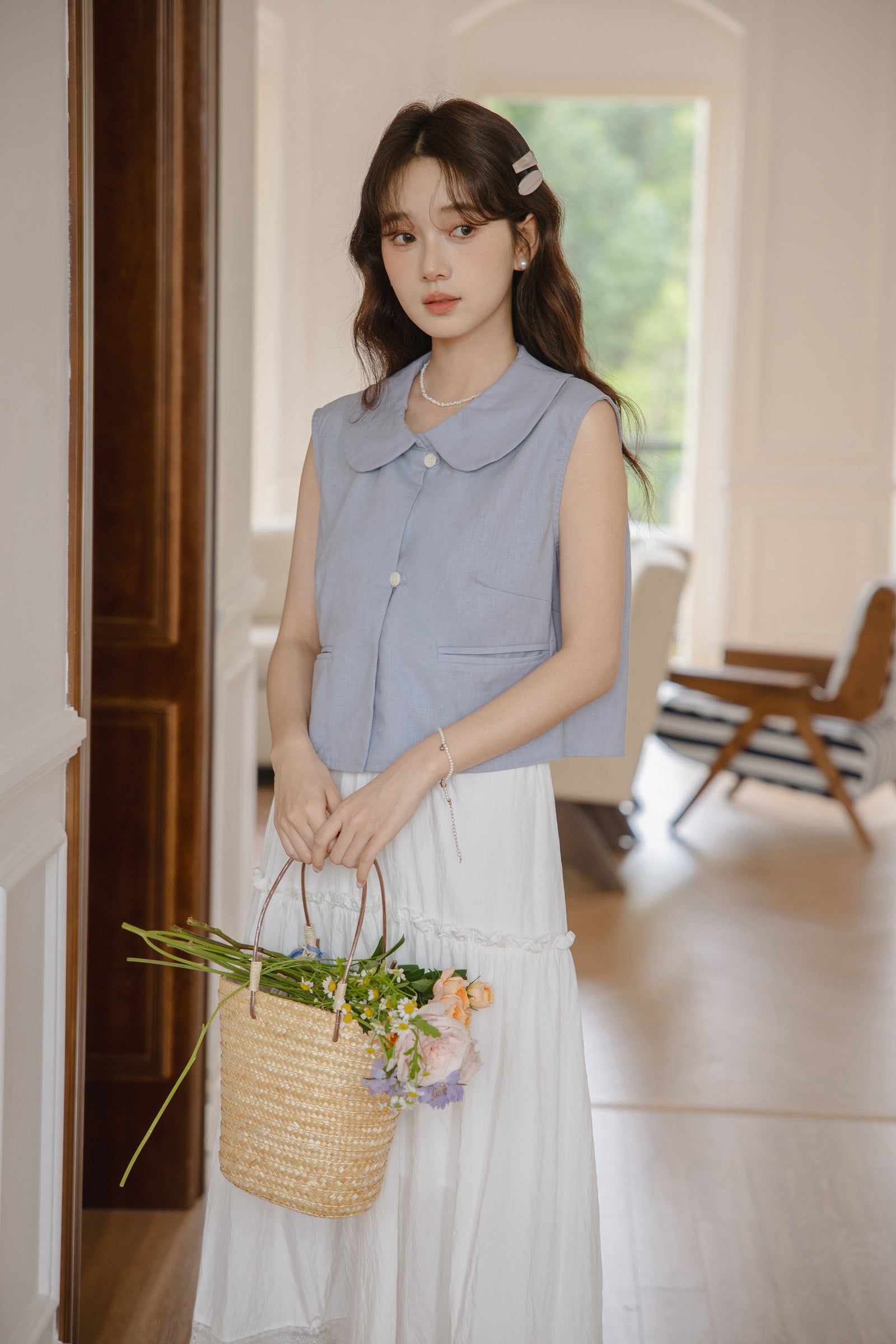 Whimsical Blue Sleeveless Peter Pan Collar Blouse - Masion Chérie