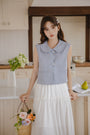 Whimsical Blue Sleeveless Peter Pan Collar Blouse - Masion Chérie