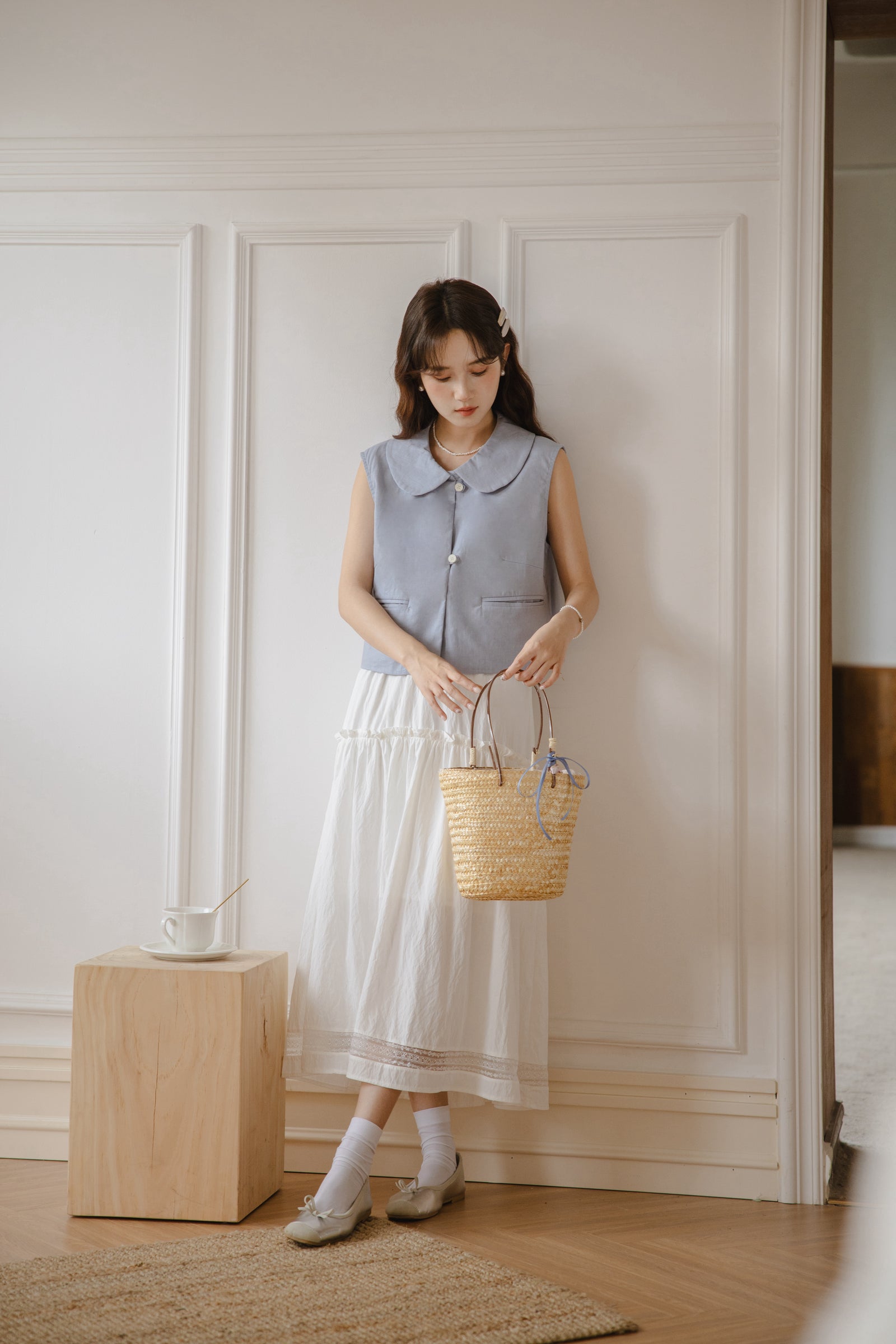 Whimsical Blue Sleeveless Peter Pan Collar Blouse - Masion Chérie