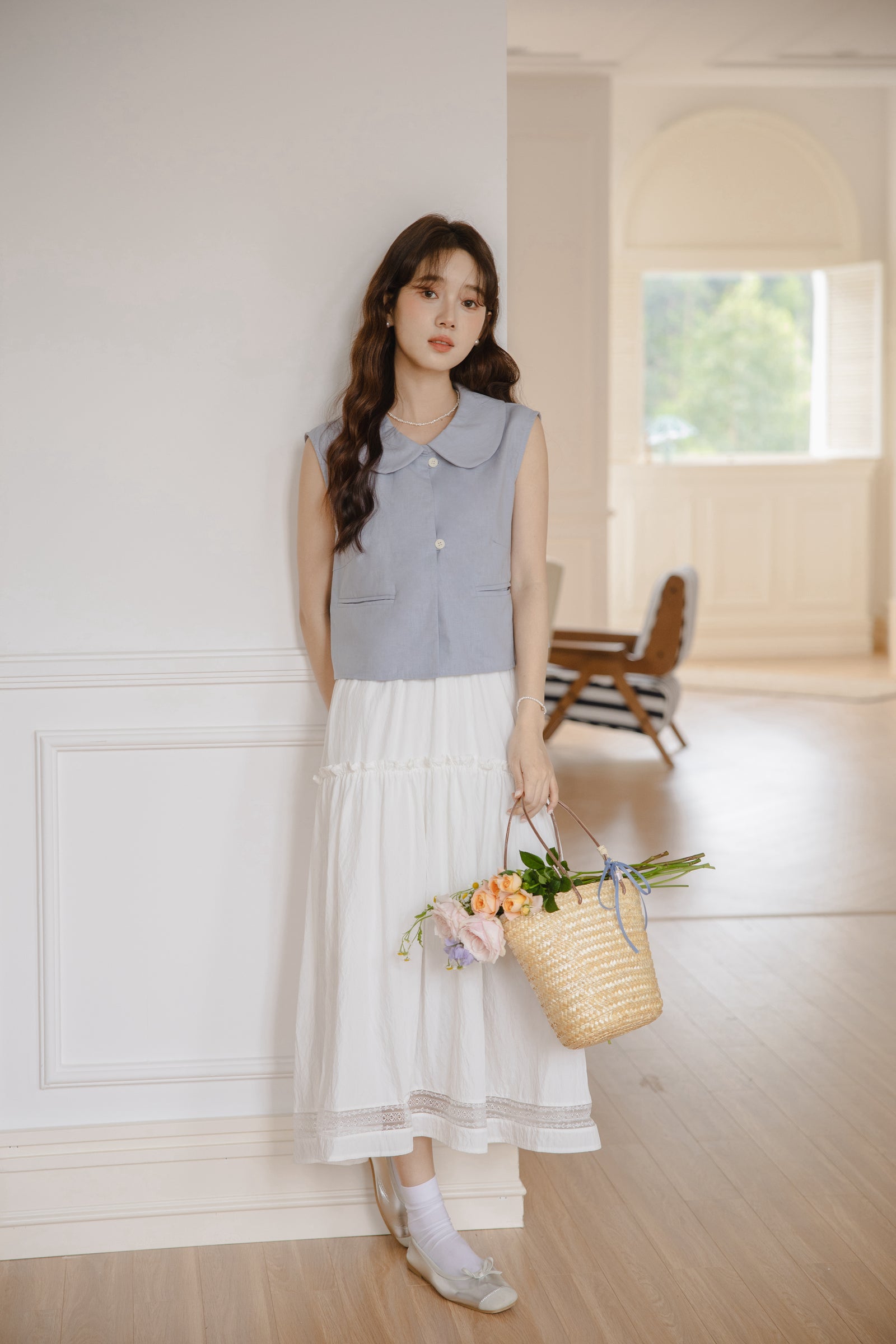 Whimsical Blue Sleeveless Peter Pan Collar Blouse - Masion Chérie