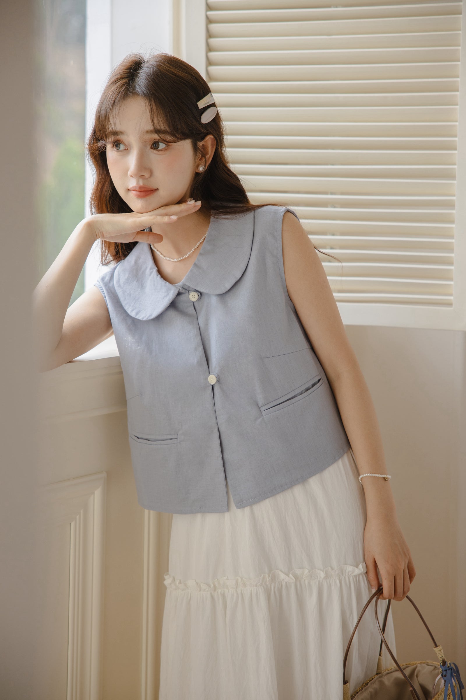 Whimsical Blue Sleeveless Peter Pan Collar Blouse - Masion Chérie