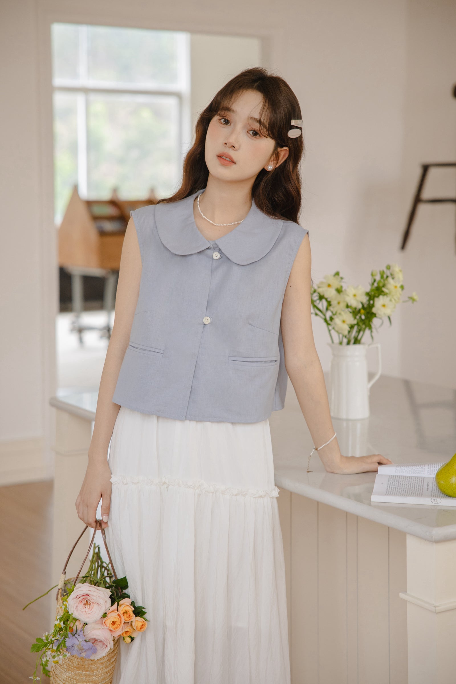 Whimsical Blue Sleeveless Peter Pan Collar Blouse - Masion Chérie