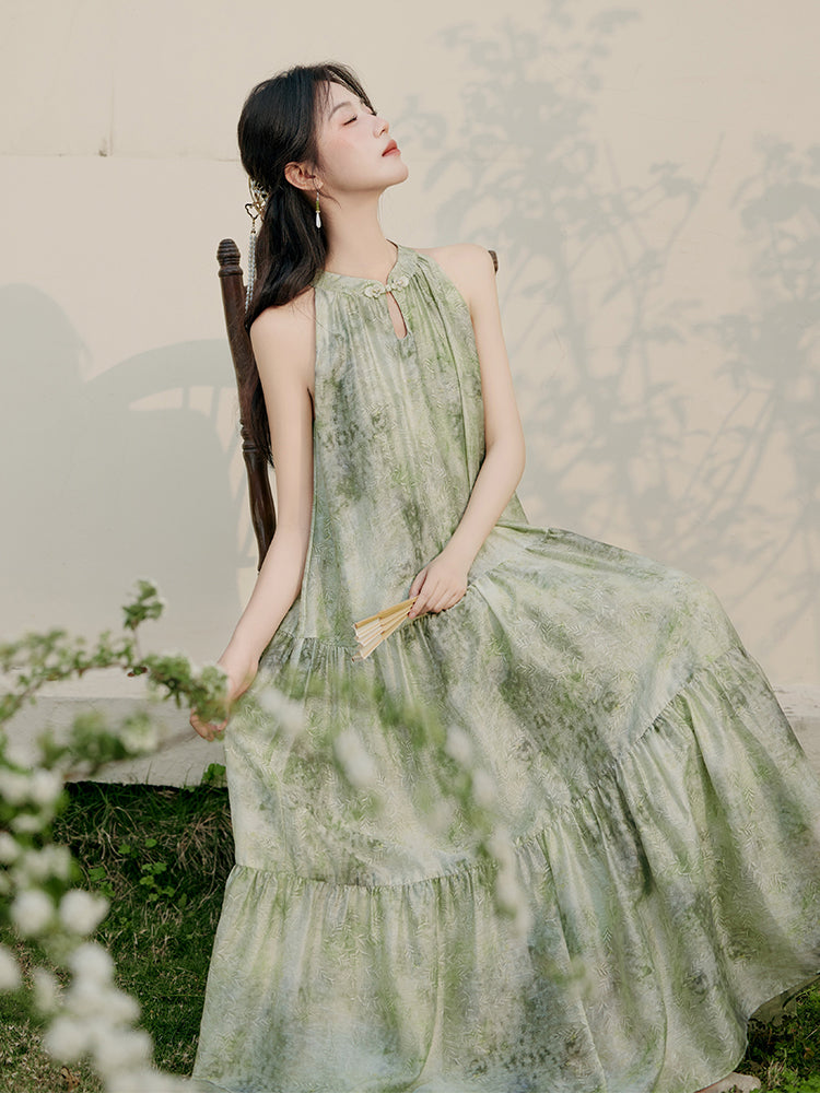 Enchanting Green Floral Halter Neck Tiered Maxi Dress - Masion Chérie