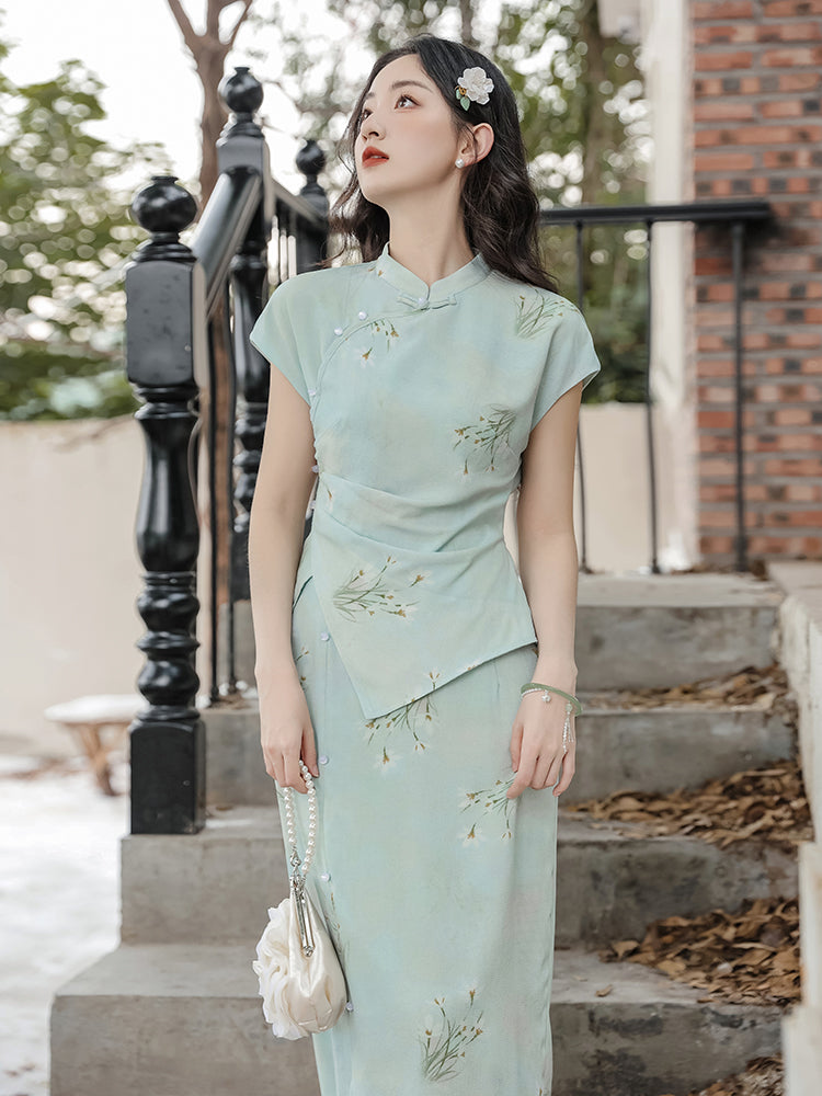 Elegant Mint Green Floral Print Cheongsam Set - Masion Chérie