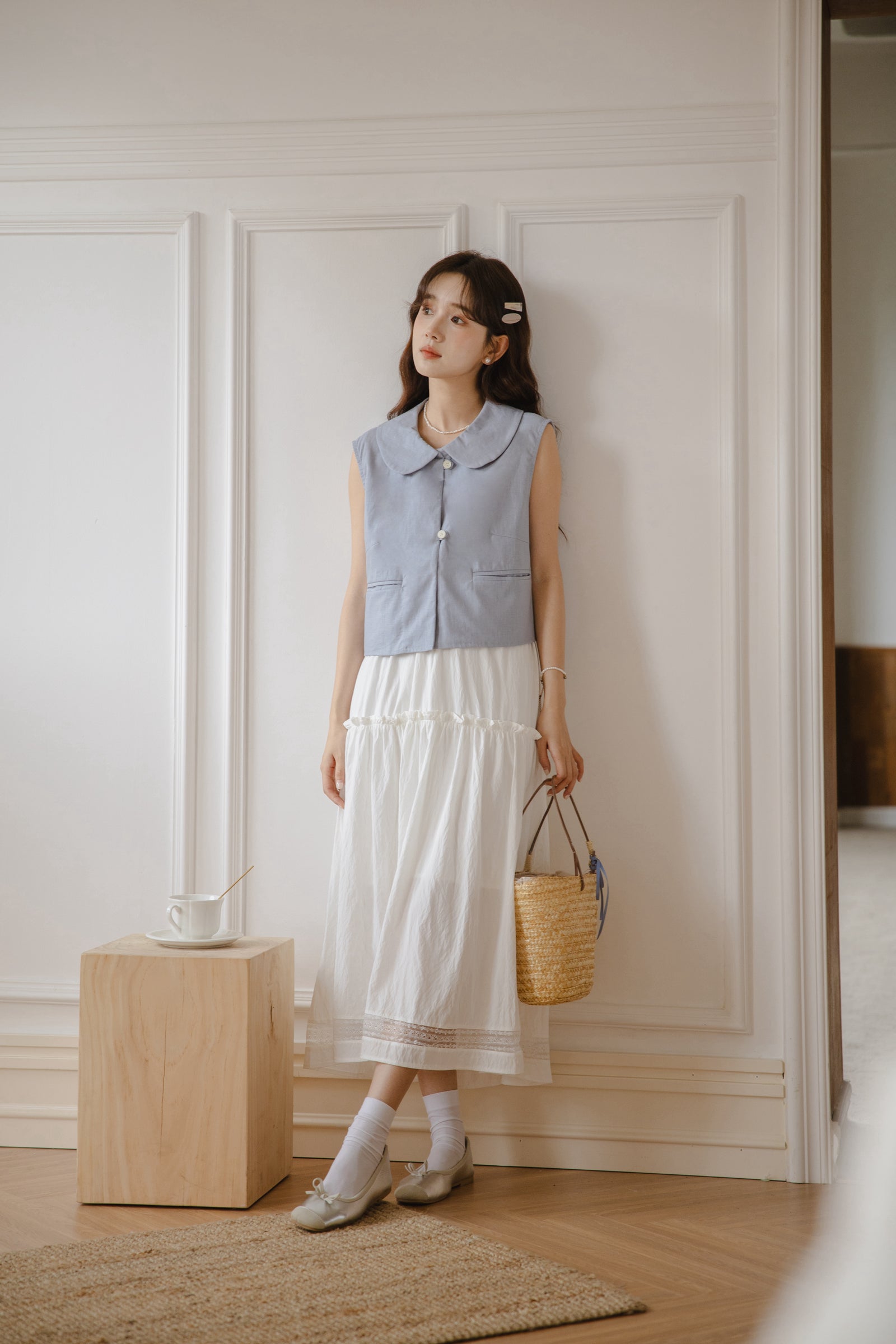 Whimsical Blue Sleeveless Peter Pan Collar Blouse - Masion Chérie