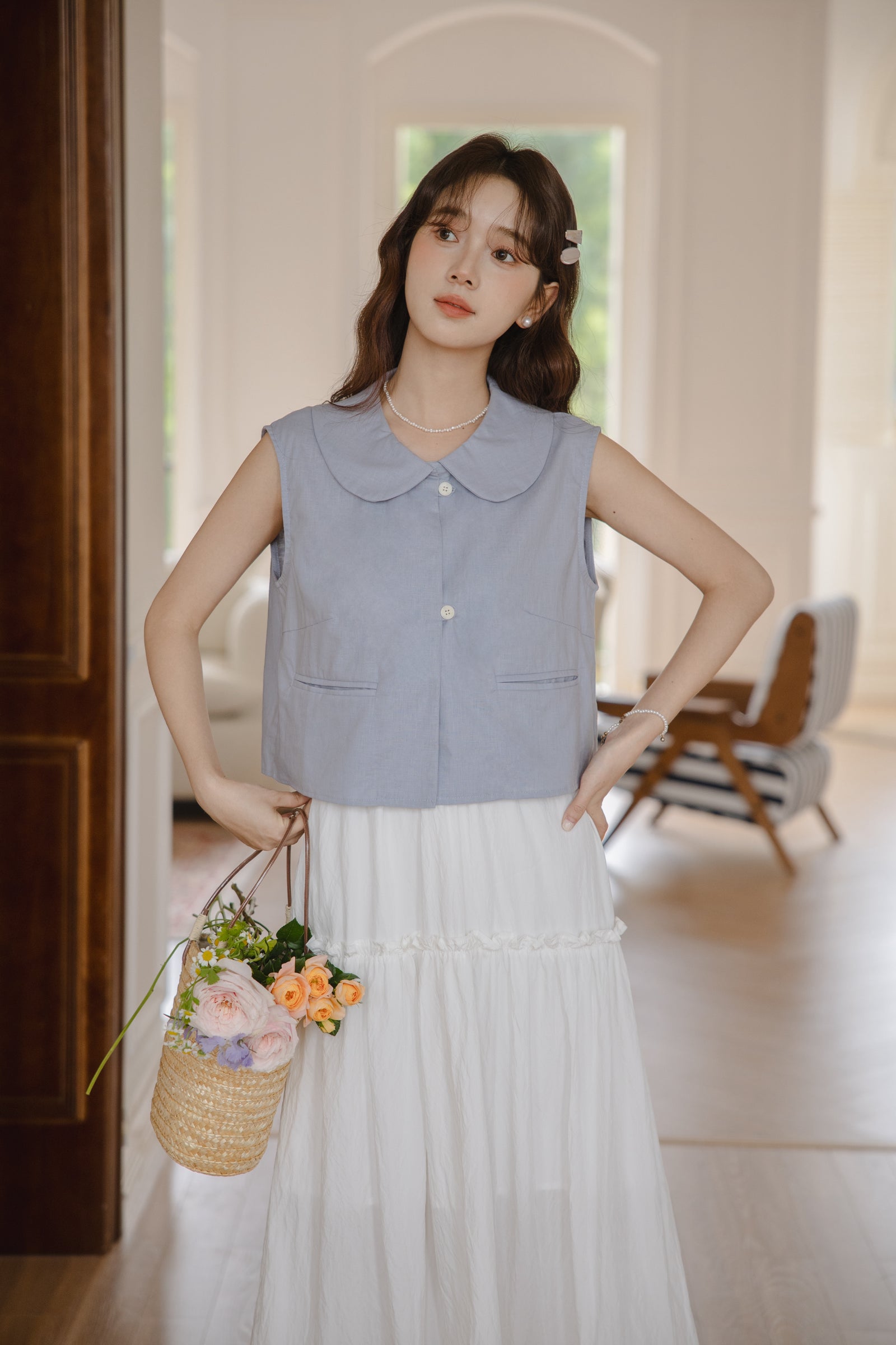 Whimsical Blue Sleeveless Peter Pan Collar Blouse - Masion Chérie